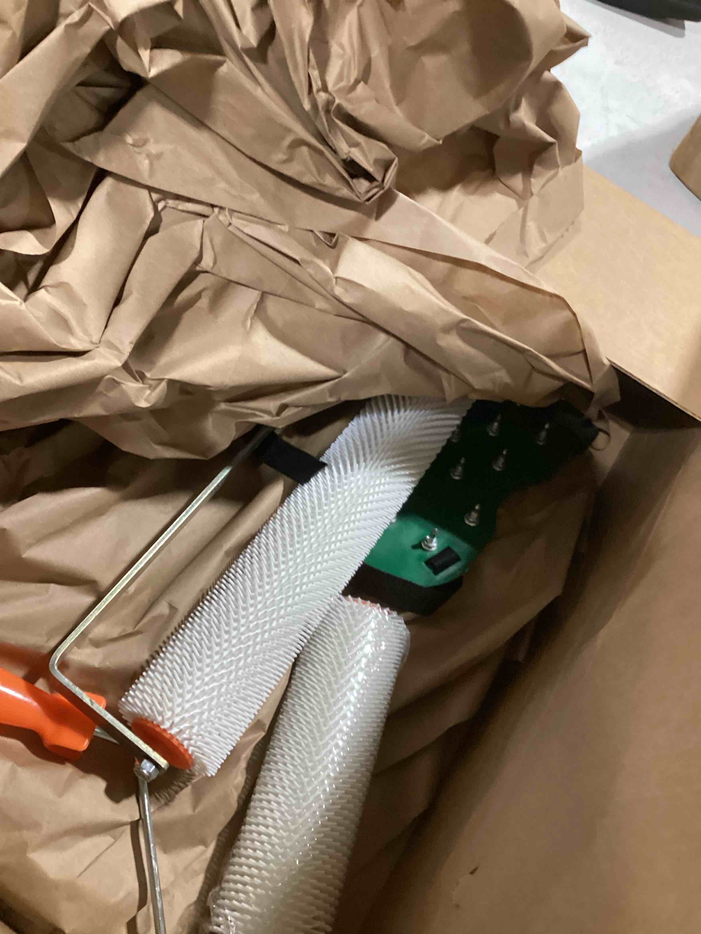 Condition photo showing As Is for QWORK Self-Levelling Cement Tool Kit, Floor Construction Roller Spike Shoes, Epoxy Floor Paint Tool, Stainless Steel Scraper Self-Leveling Rake