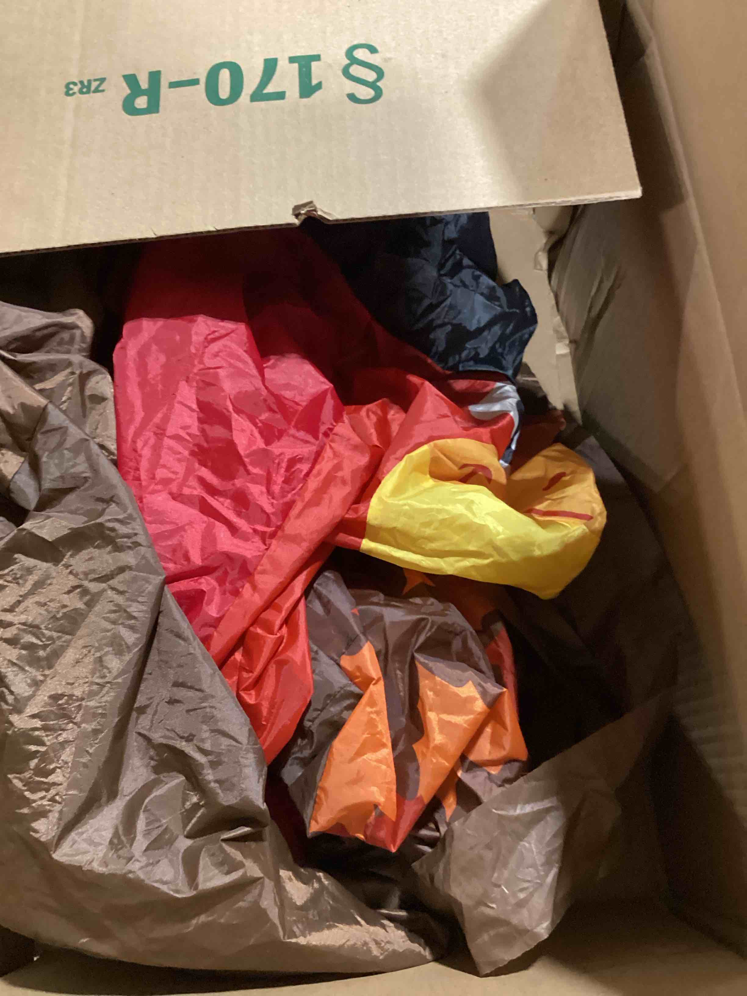 Condition photo showing As Is for 4 Pcs Thanksgiving 12 ft Skeleton Costumes Set Includes Inflatable Turkey Swimming Ring with Light Maple Leaves Leis Chest Ring and Headpiece for Thanksgiving Harvest Party Garden Lawn Decor