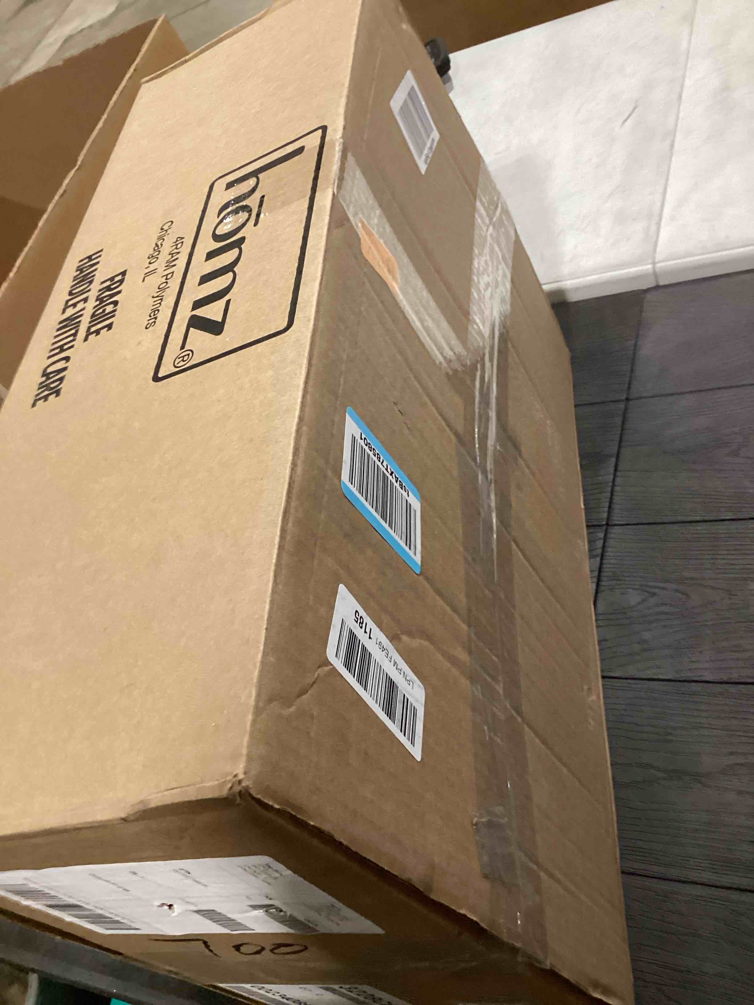 Condition photo showing As Is for HOMZ 2 Pack Storage Bins, Clear Plastic Organizing Containers w/ White Lids, 28 Quart