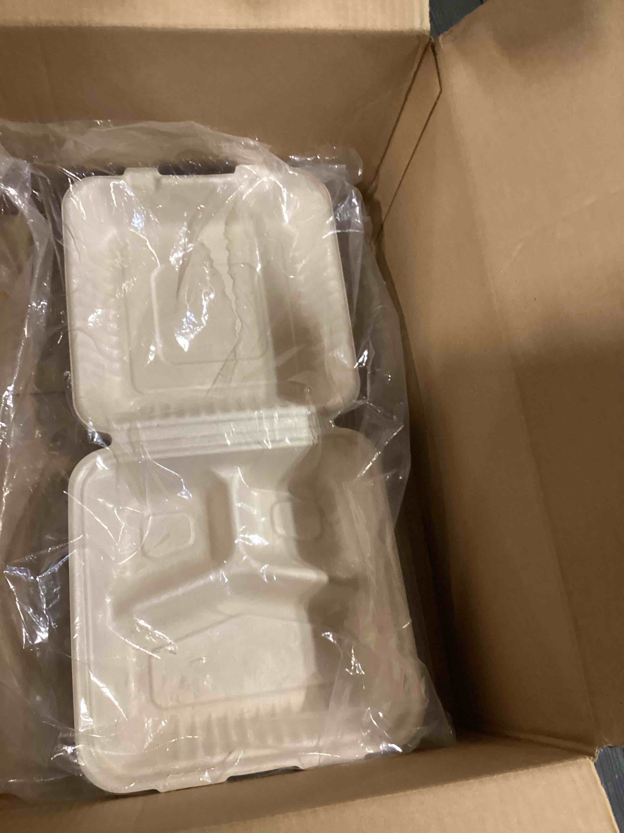 Condition photo showing As Is for Perfectware 100% Compostable 3 Comp Take Out Food Containers 9 x9 Inch. 40 Count Heavy-Duty Quality to Go Containers, Natural Disposable Bagasse, Eco-Friendly Biodegradable Made of Sugar Cane