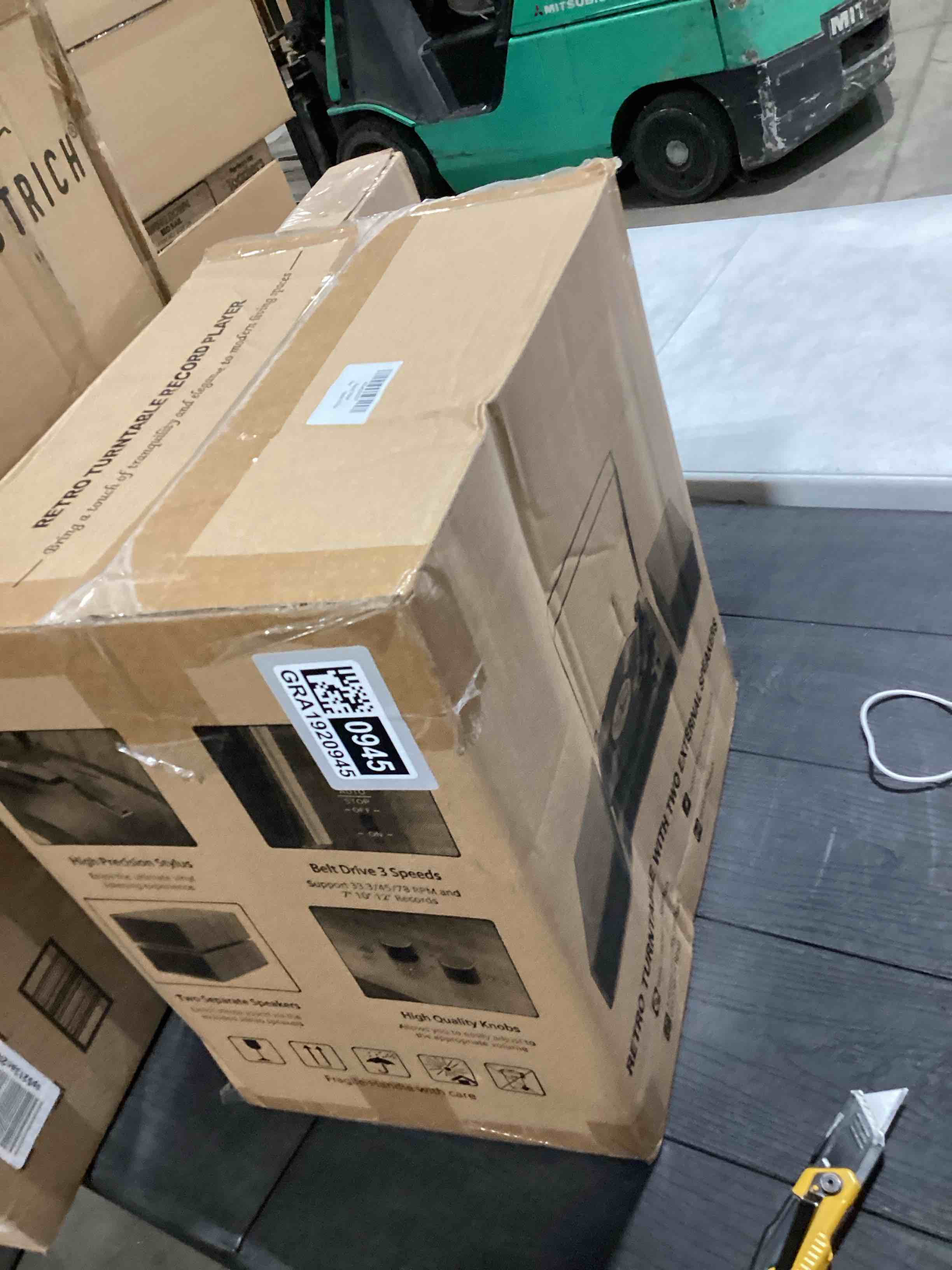 Condition photo showing As Is for Vintage Record Player with External Dual Stereo Speakers Belt Drive 3-Speed Vinyl Turntable with Bluetooth Wireless Playback Record Player Support RCA Out & Auto Stop Black