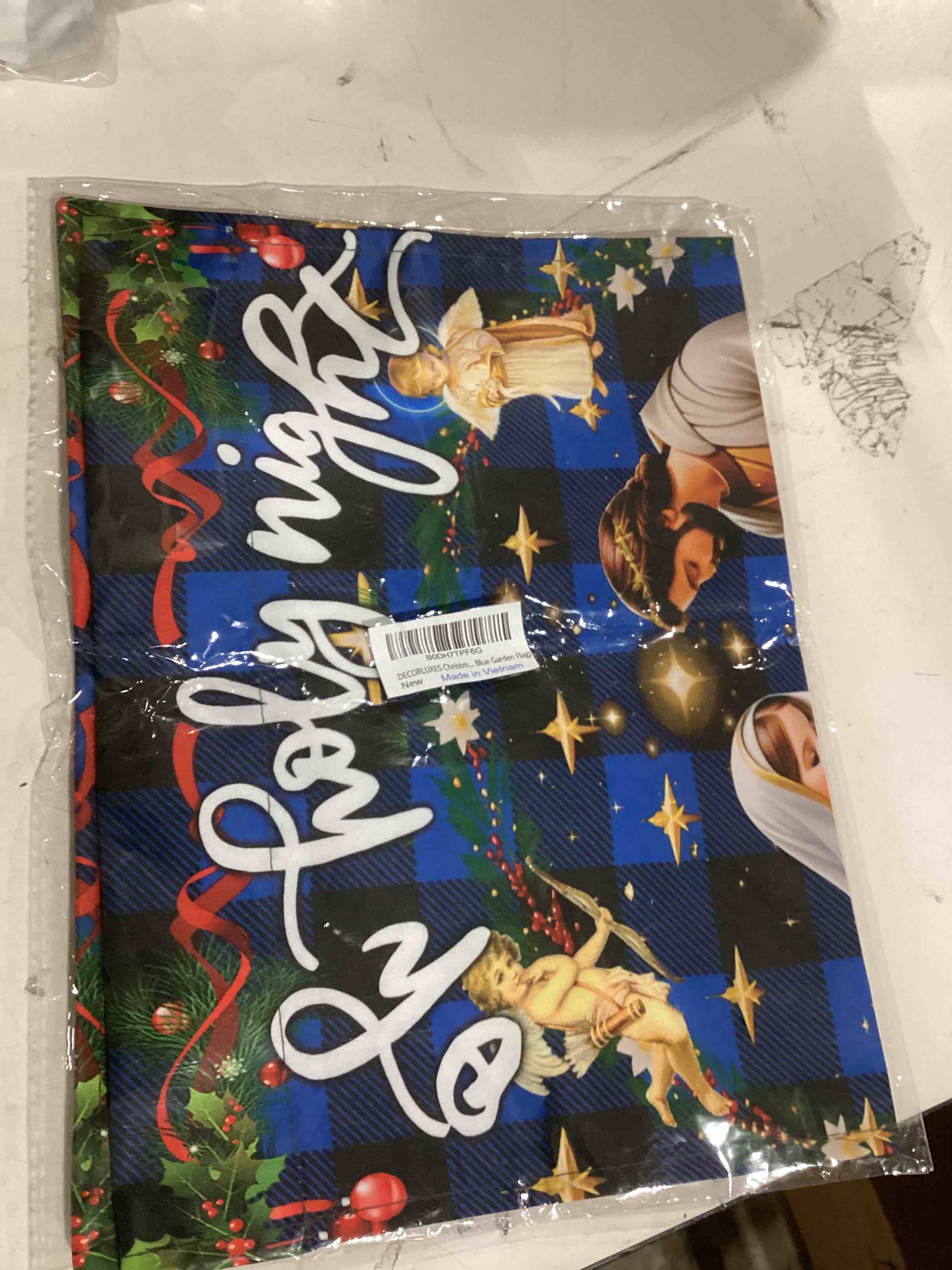 Condition photo showing Good Condition for DECORLUXES Christmas Holy Night Garden Flag 12x18 Inch Double Sided Outside, Winter Festive Holiday Yard Outdoor Decorative (1 Blue Garden Flag)