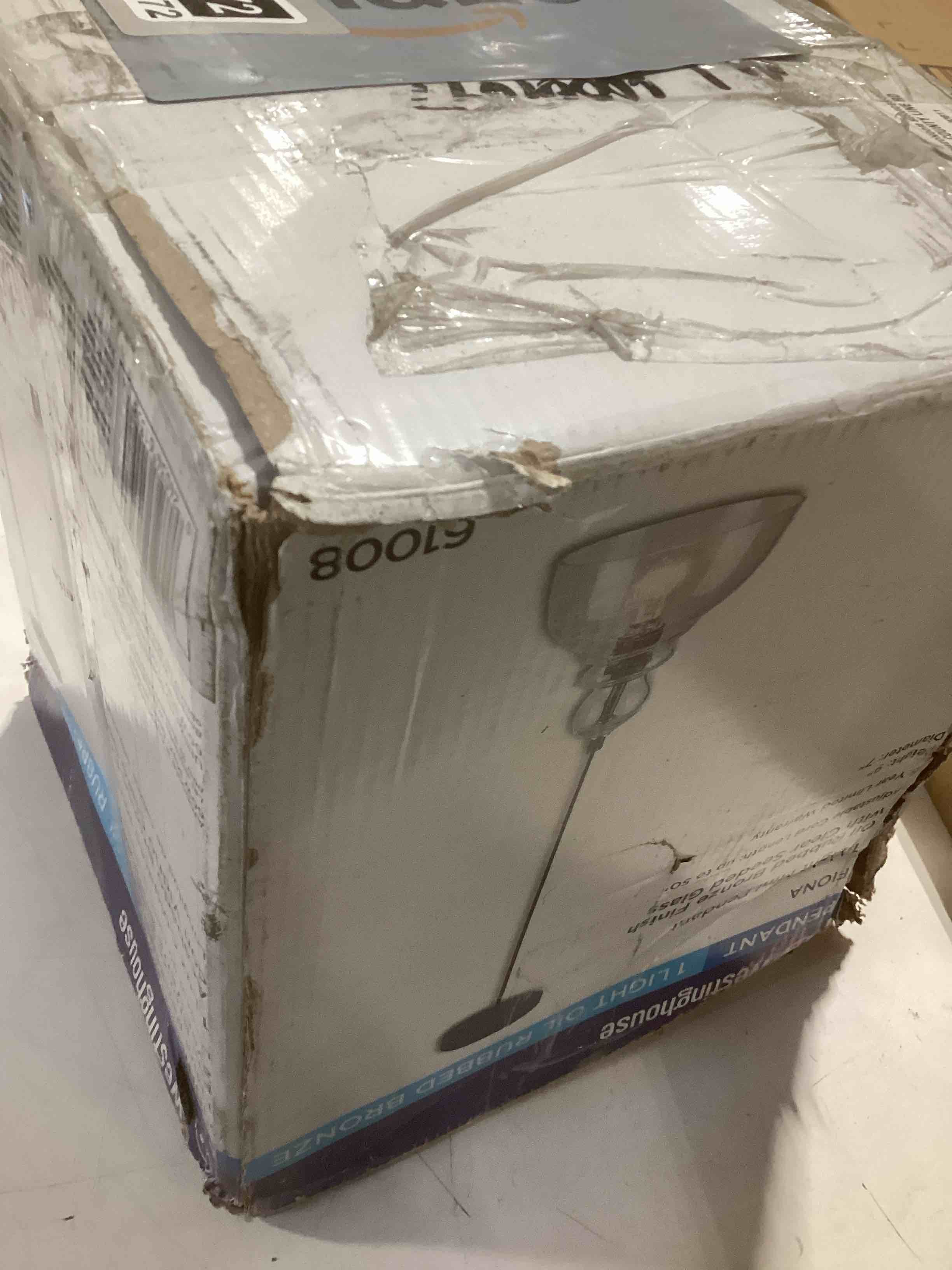 Condition photo showing As Is for Westinghouse Lighting 6135800 One-Light Indoor Mini Pendant Light, Ceiling Light Fixture, Oil Rubbed Bronze Finish with Clear Seeded Glass