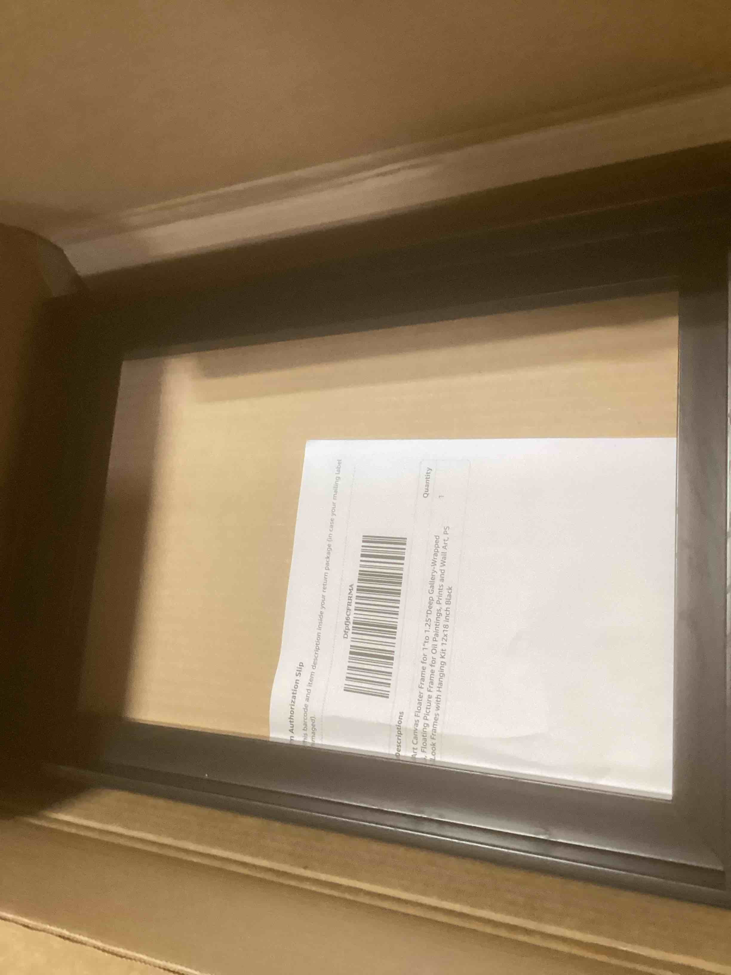 Condition photo showing Good Condition for Texas Art Canvas Floater Frame for 1”to 1.25”Deep Gallery-Wrapped Canvas, Floating Picture Frame for Oil Paintings, Prints and Wall Art, PS Wood-Look Frames with Hanging Kit 12x18 inch Black black 12L" x 18W"