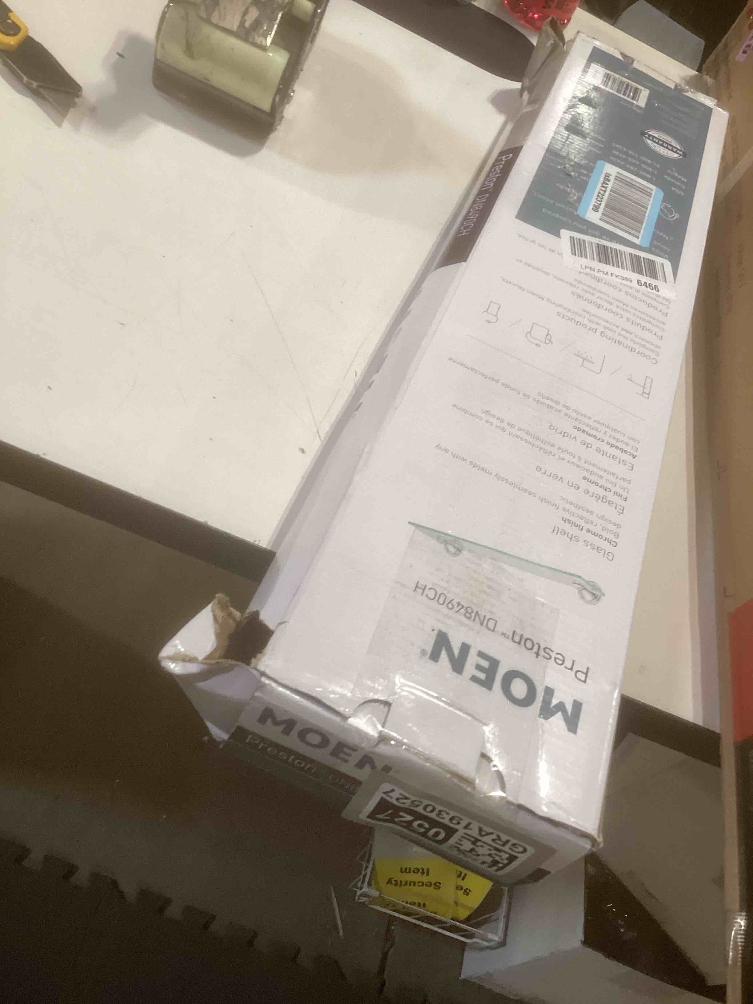 Condition photo showing As Is for Moen DN8490CH Preston Collection 19.5-Inch Wide x 4-Inch Deep Decorative Glass Bathroom Vanity Shelf, Chrome