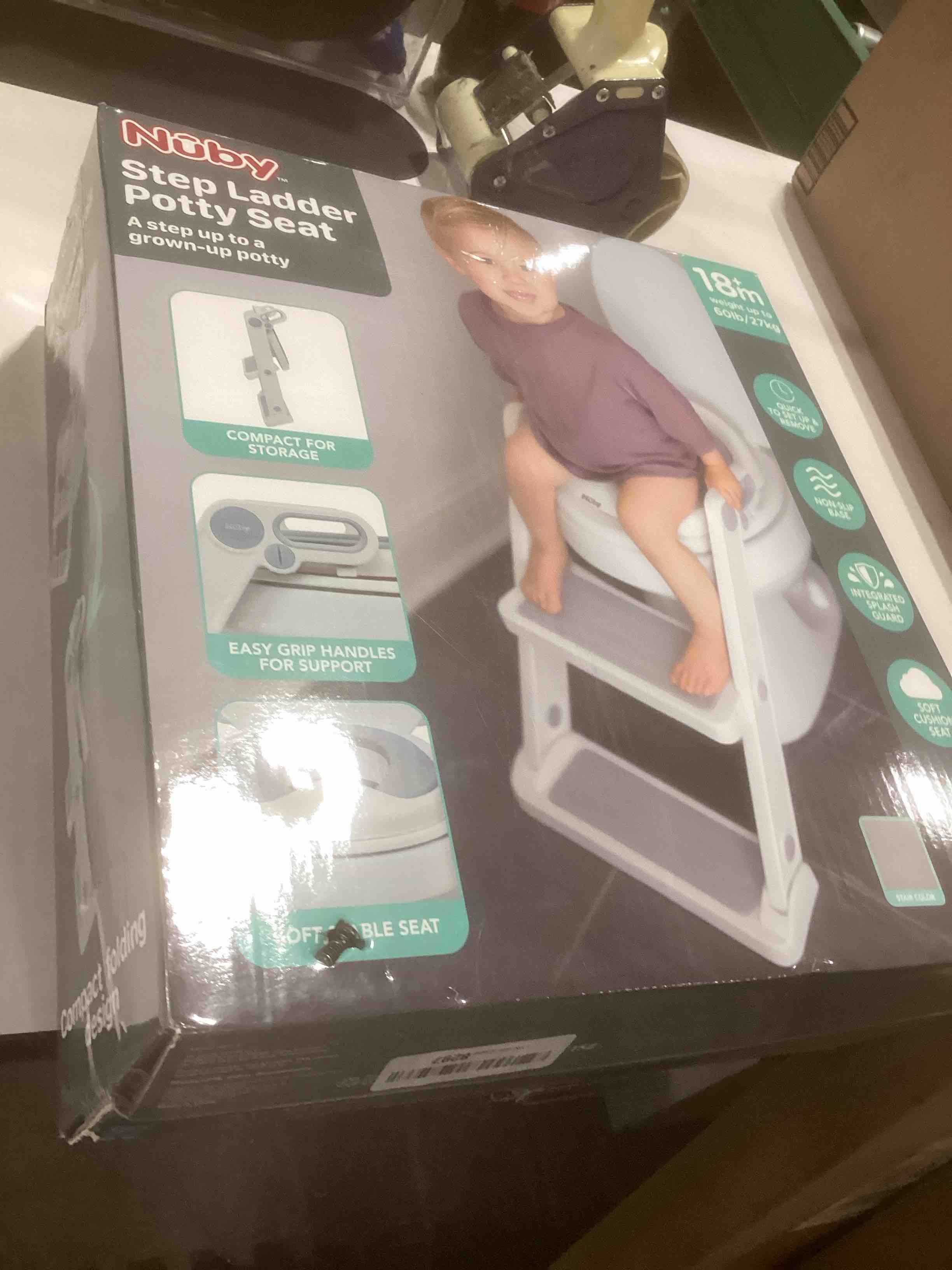 Condition photo showing As Is for Nuby Step Ladder Toddler Potty Seat for Toilet - All-in-One Kids Potty Training Toilet Seat with Ladder for Toddlers 18+ Months - Grey Ladder Potty Seat