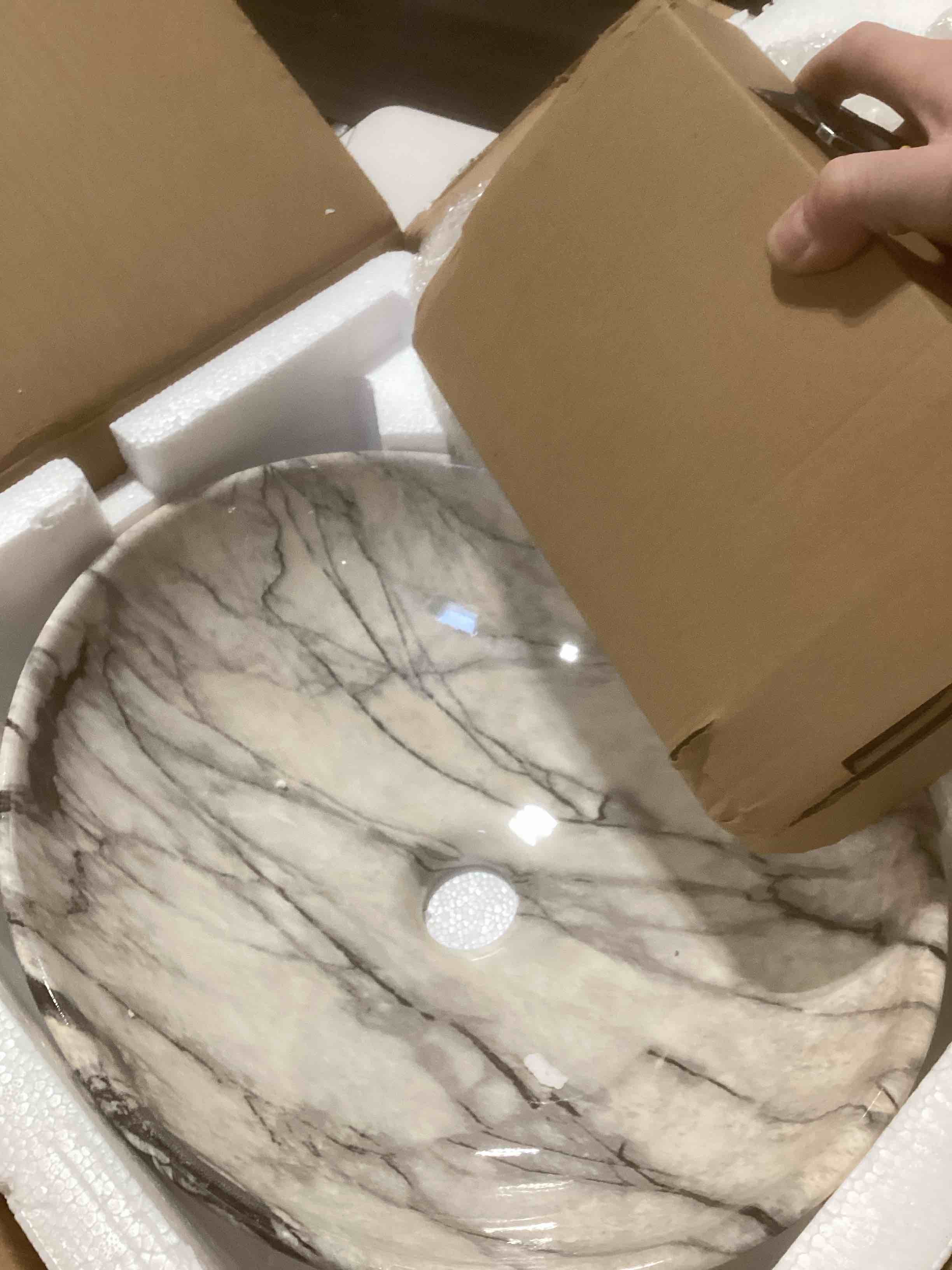 Condition photo showing Good Condition for White Marbling Bathroom Vessel Sink With Black Faucet And Drain 16"x13" Oval Vessel Sink Ceramic Basin Bowl White Black Marble Bathroom Sinks Above Counter Bowl Sinks For Bathroom