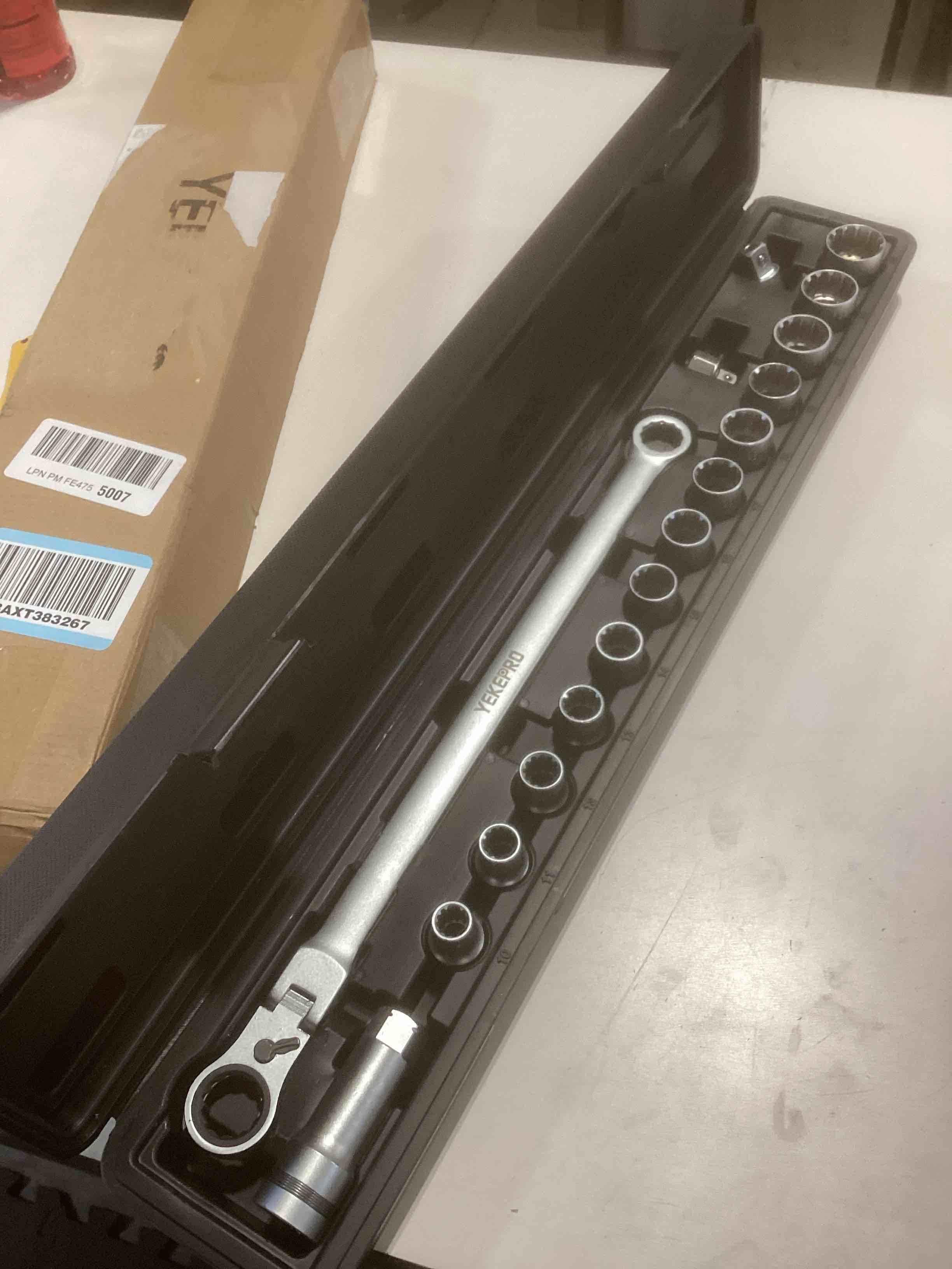 Condition photo showing As Is for 17-Piece Pass Through Socket Set Wrench Set, 10-24mm Double Box End Ratchet, 3/8" & 1/2" Drive Adapters, 72-Tooth, CR-V Steel