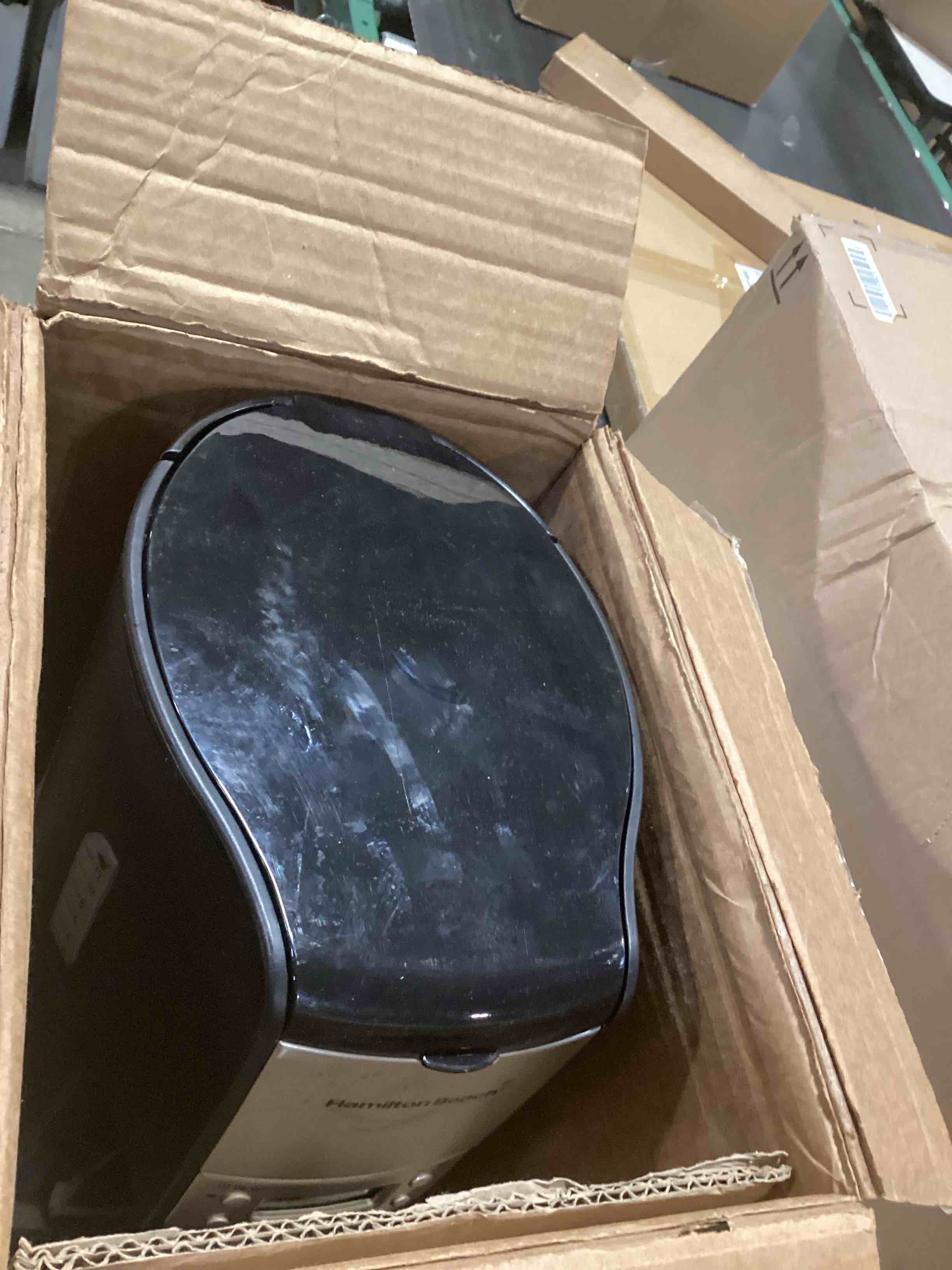 Condition photo showing As Is for Hamilton Beach One Press Programmable Dispensing Drip Coffee Maker with 12 Cup Internal Brew Pot, Water Reservoir, Black with Chrome (48464)