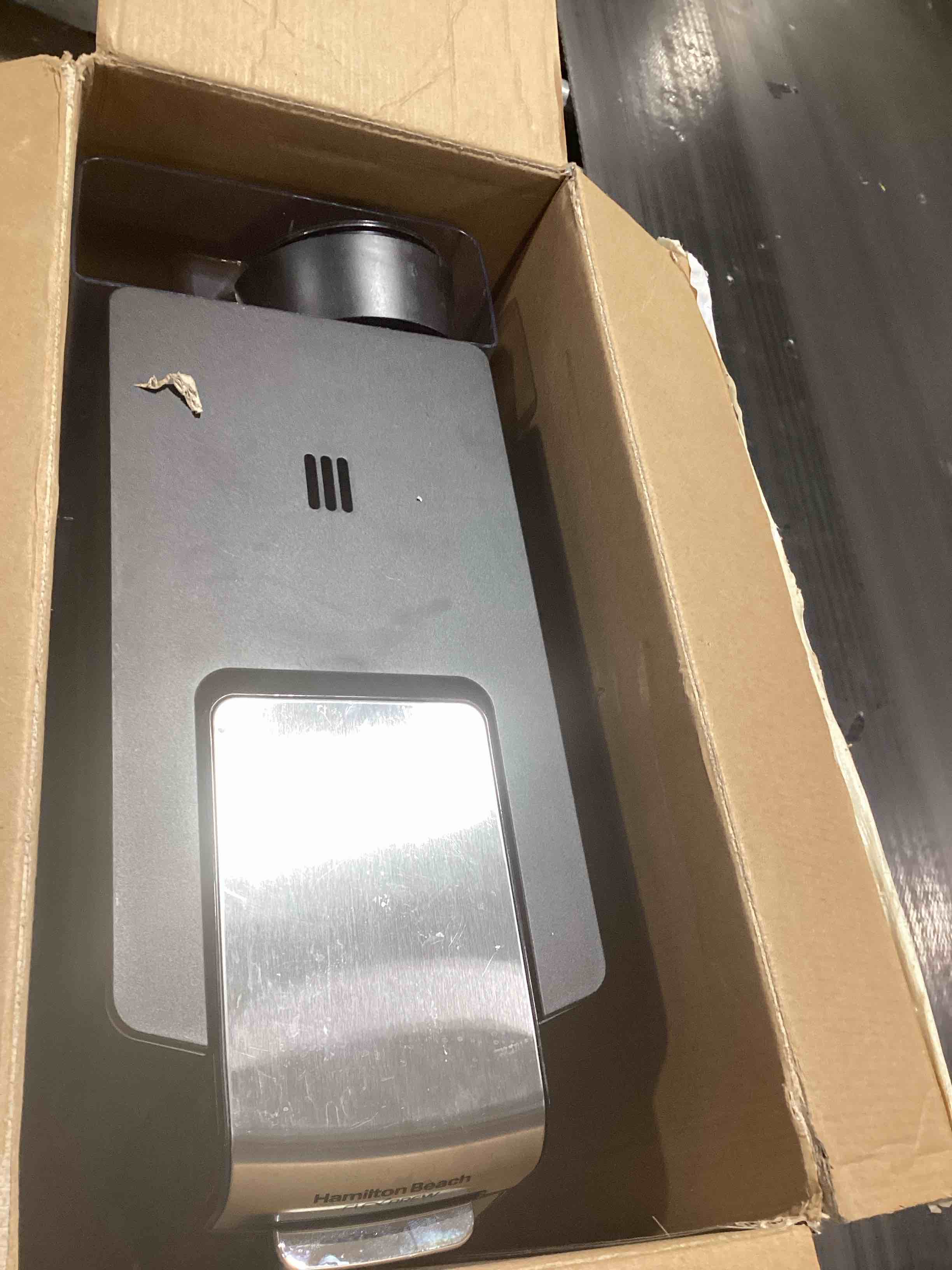 Condition photo showing As Is for Hamilton Beach FlexBrew Advanced 5-in-1 Programmable 12 Cup Drip and Single Serve Hot & Iced Coffee Maker with Movable 60 oz. Water Reservoir, Use Pod Packs and Grounds, Fast Brewing, Black (49924)