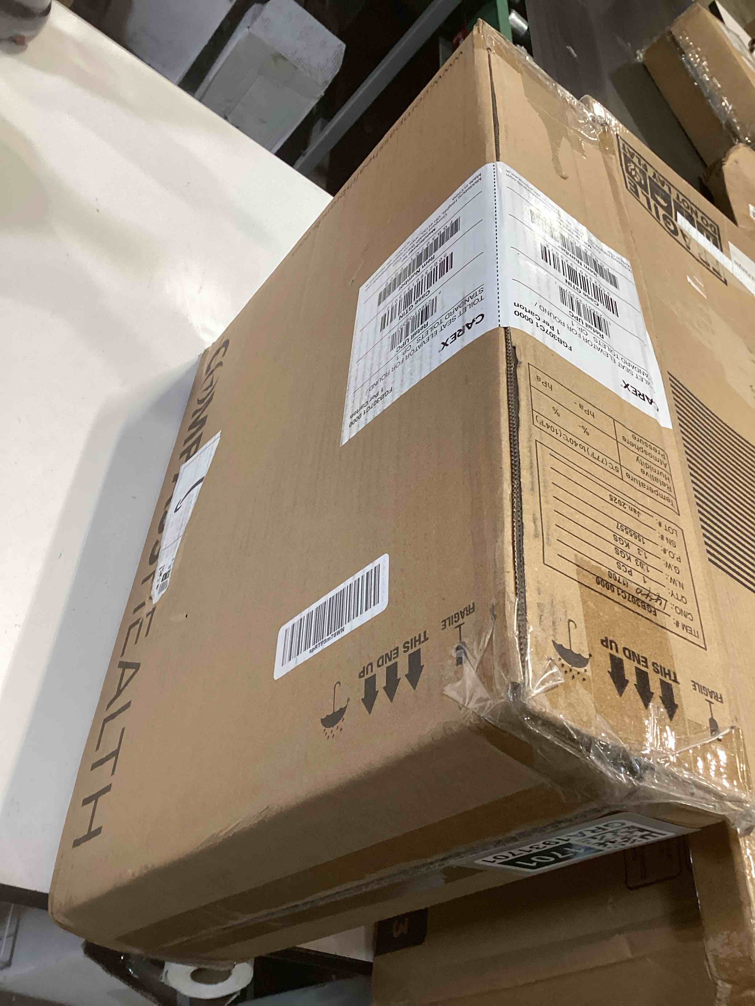 Condition photo showing Good Condition for Carex Toilet Seat Riser, Round Raised Toilet Seat Adds 3.5 inches to Toilet Height, for Assistance Bending or Sitting, 300 Pound Weight Capacity Toilet Riser