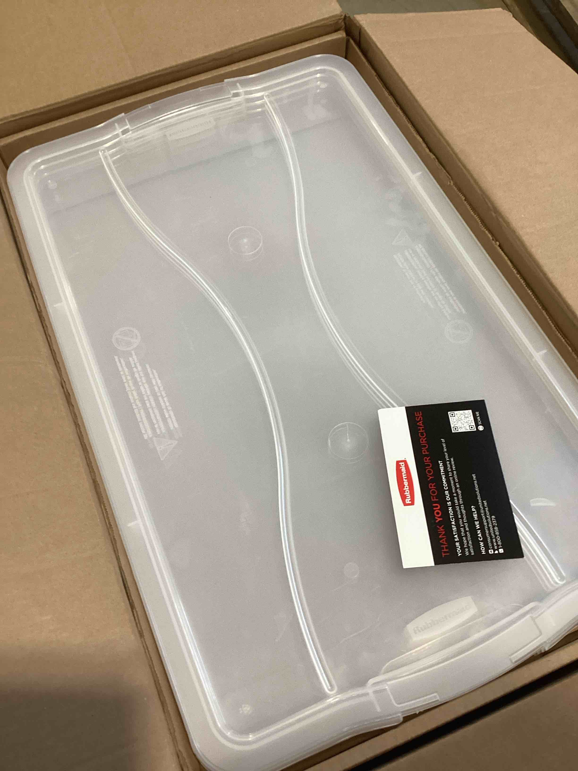 Condition photo showing As Is for Rubbermaid Cleverstore 95 Quart Clear Plastic Storage Container & Lid  (4 Pack)