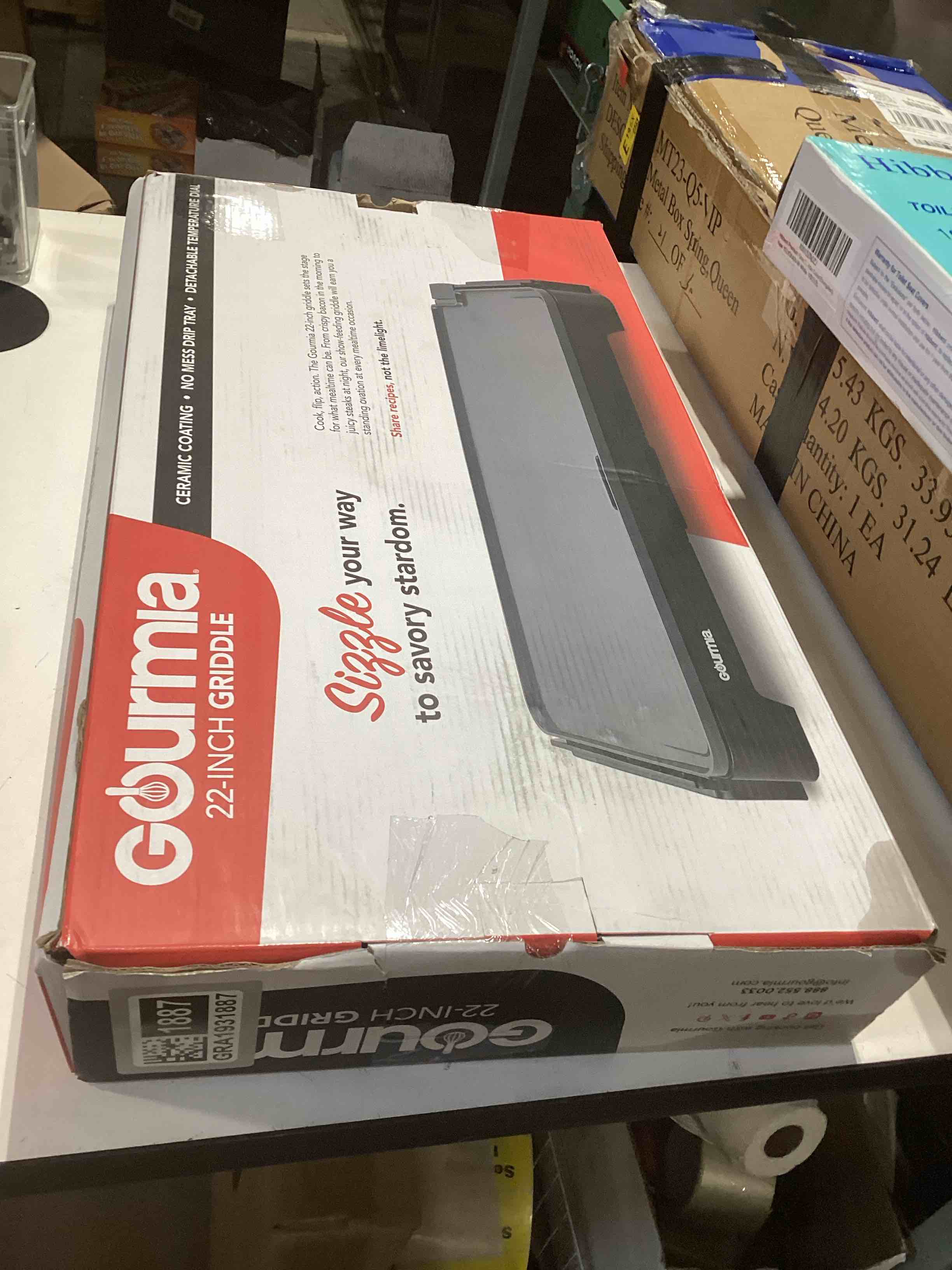 Condition photo showing As Is for Gourmia 22 Inch XL Electric Griddle Pan - Nonstick Extra Large Flat Top Ceramic Surface, Countertop Cooker, Adjustable 200°F–400°F, Pull-Out Drip Tray, Compact Handle-Free Design