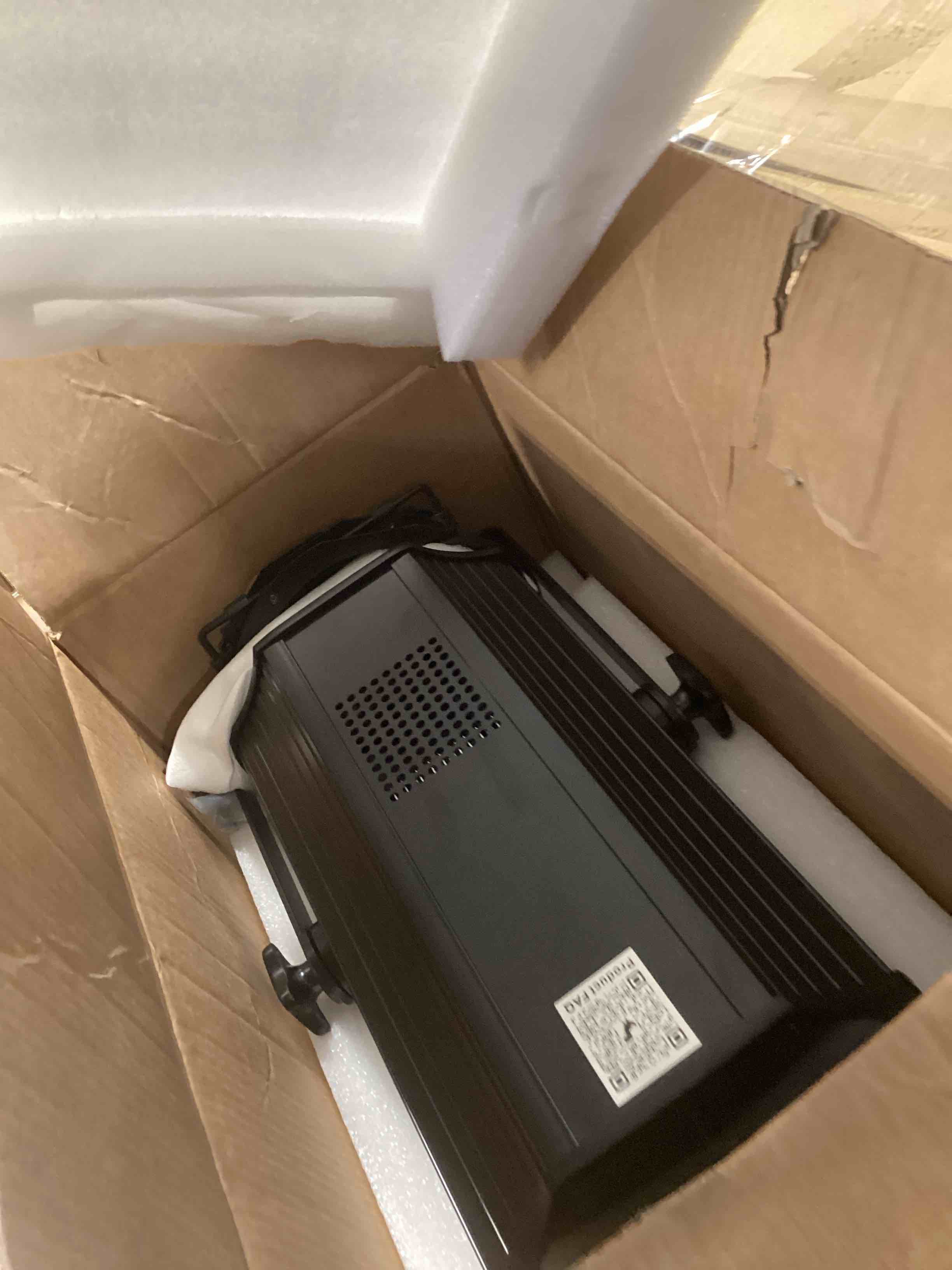 Condition photo showing As Is for SHEHDS LED Par Lights COB 200W Linear Zoom Spotlights Wash Lights with Barn Door Warm White(3000k) & Cool White(5700k) Stage Light DMX512 Sound Activated DJ Light for Church Wedding Theater-1 Pack