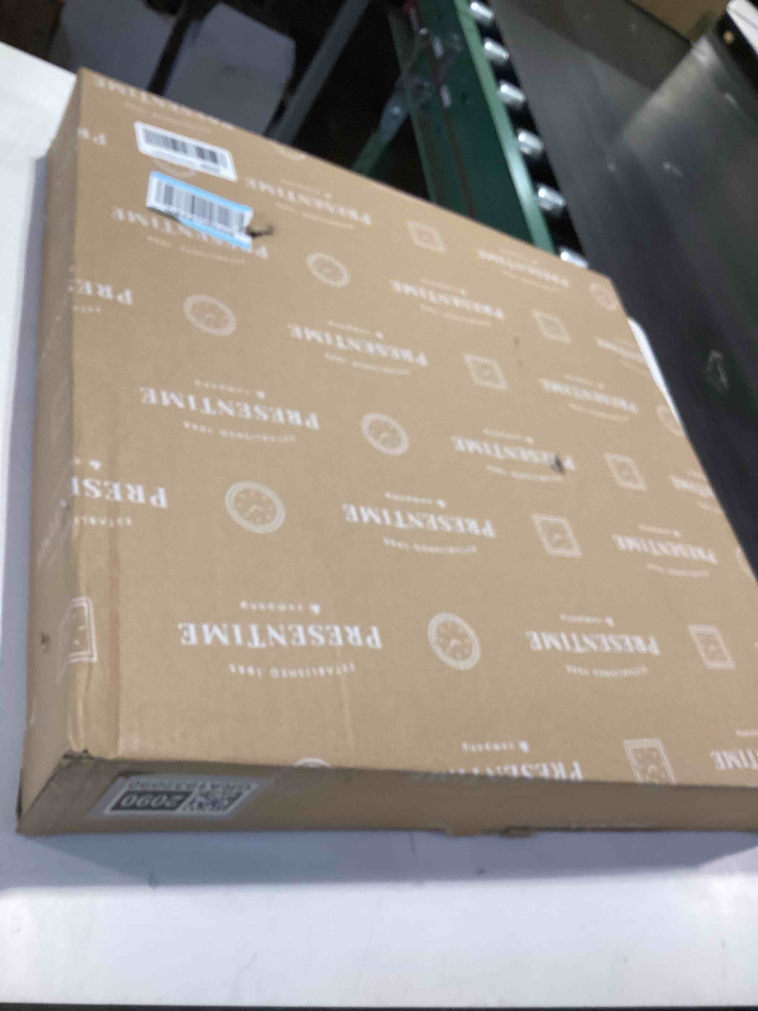 Condition photo showing As Is for Presentime & Co 21" Farmhouse Series Wall Clock,Vintage Style, Retro Clock, Raised 3D Arabic Numeral, Aged Teal Finish. Wall Décor for Living Room and entryway. Aged Teal Finish 21 inch