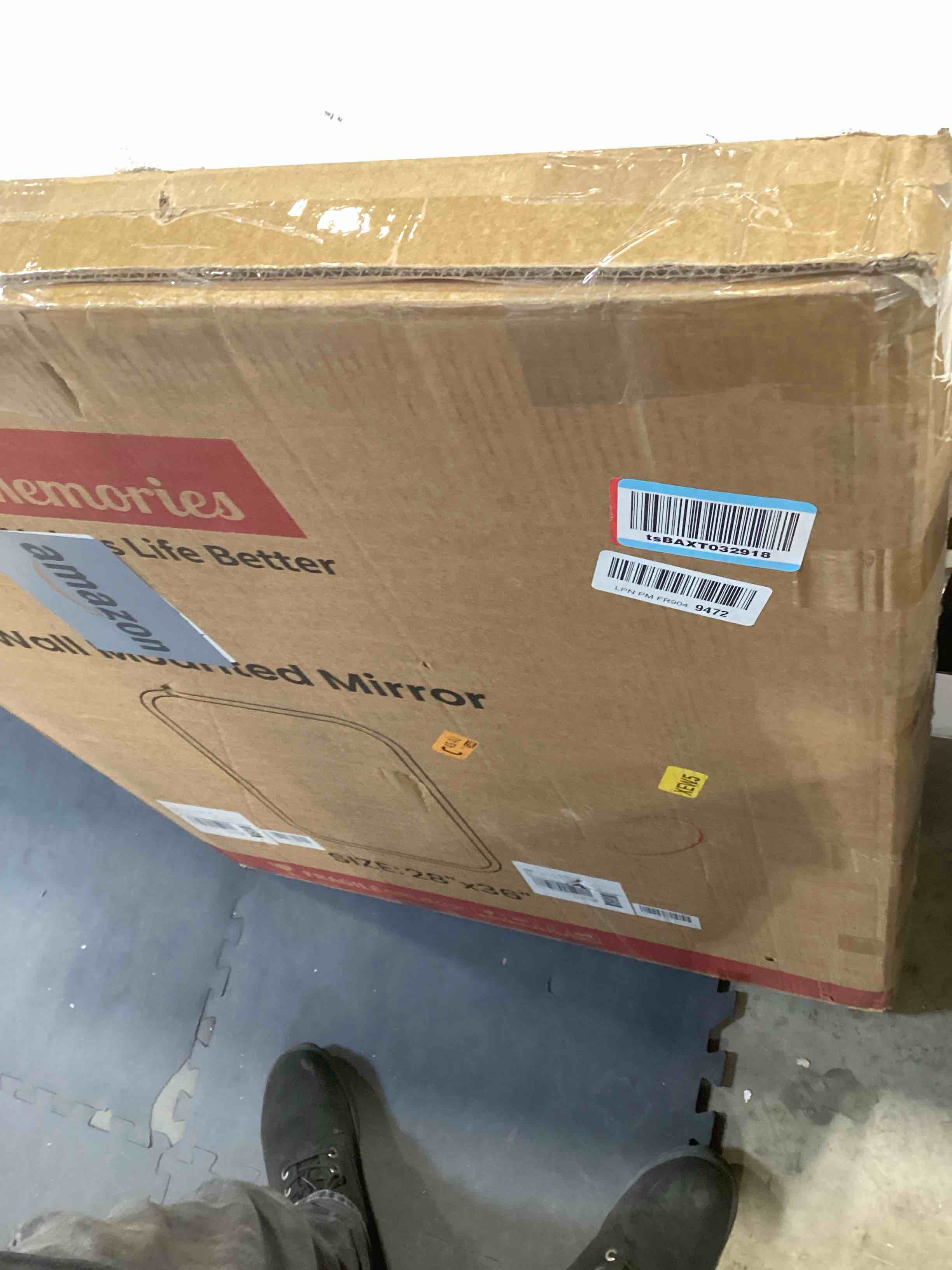 Condition photo showing Good Condition for 36"x28" Wood Bathroom Mirror - Handcrafted Modern Farmhouse Bathroom Mirror with Tempered Glass&Natural Wood Frame, Decorative Vanity Mirror for Bedroom, Living Room, Spa & Home (Anti-Fog Design)