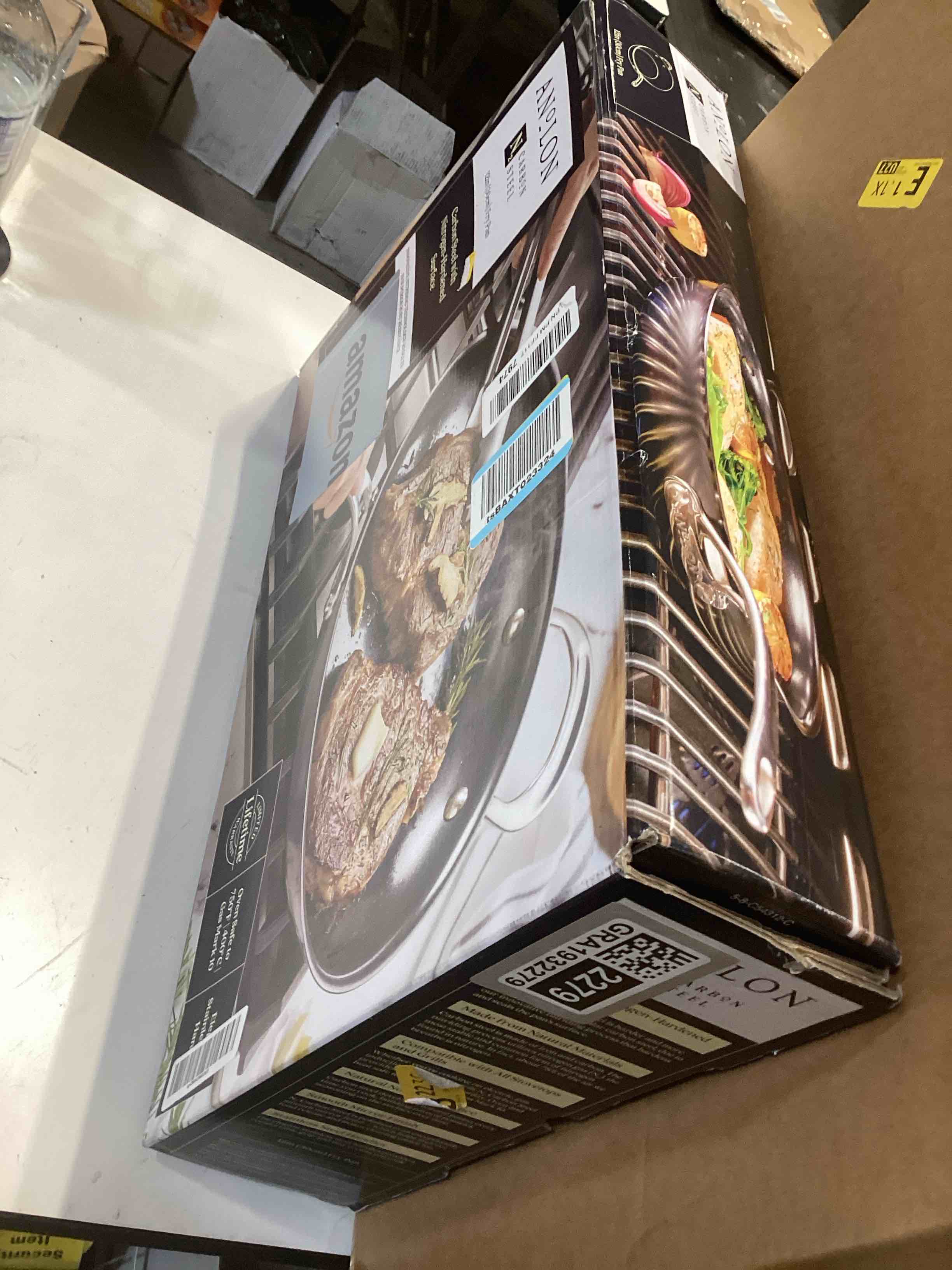 Condition photo showing As Is for Anolon Everlast N2 Carbon Steel Frying Pan/Skillet with Helper Handle Compatible with All Cooktops, Metal Utensil Safe, 12 Inch - Black Skillet w/ Helper Handle (12")