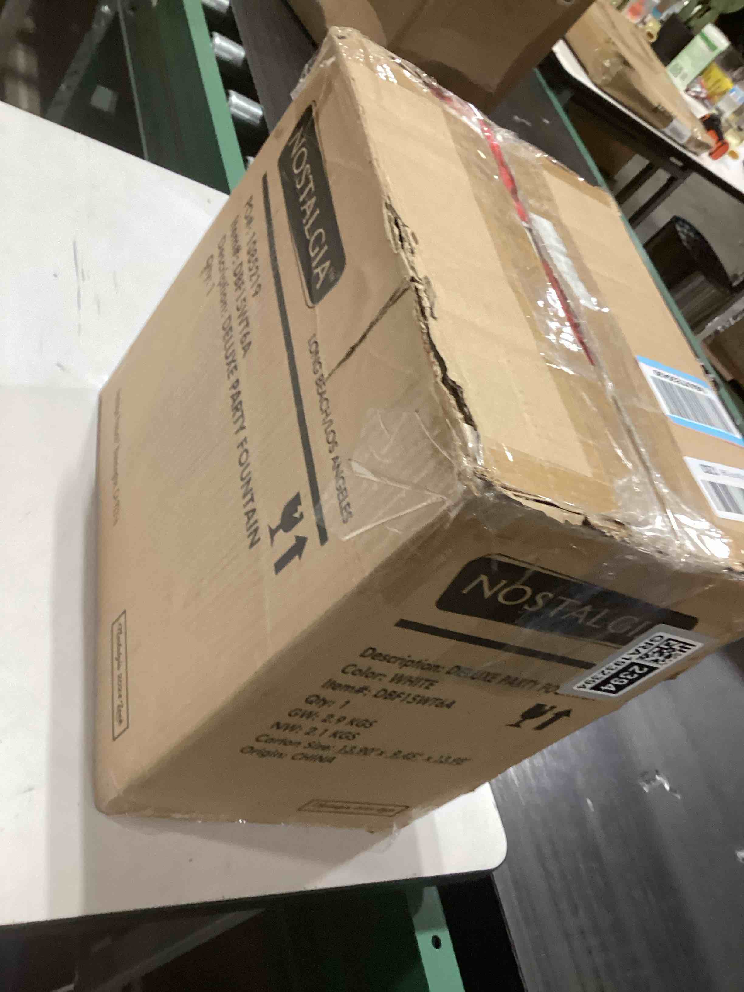 Condition photo showing As Is for Nostalgia Countertop Retro Lighted Party Beverage Fountain – 1.5 Gallon Capacity, 3-Tiered Cascading Tower with LED Base - Perfect for Punch, Juice, Wine, Champagne & More Lighted Party Fountain White