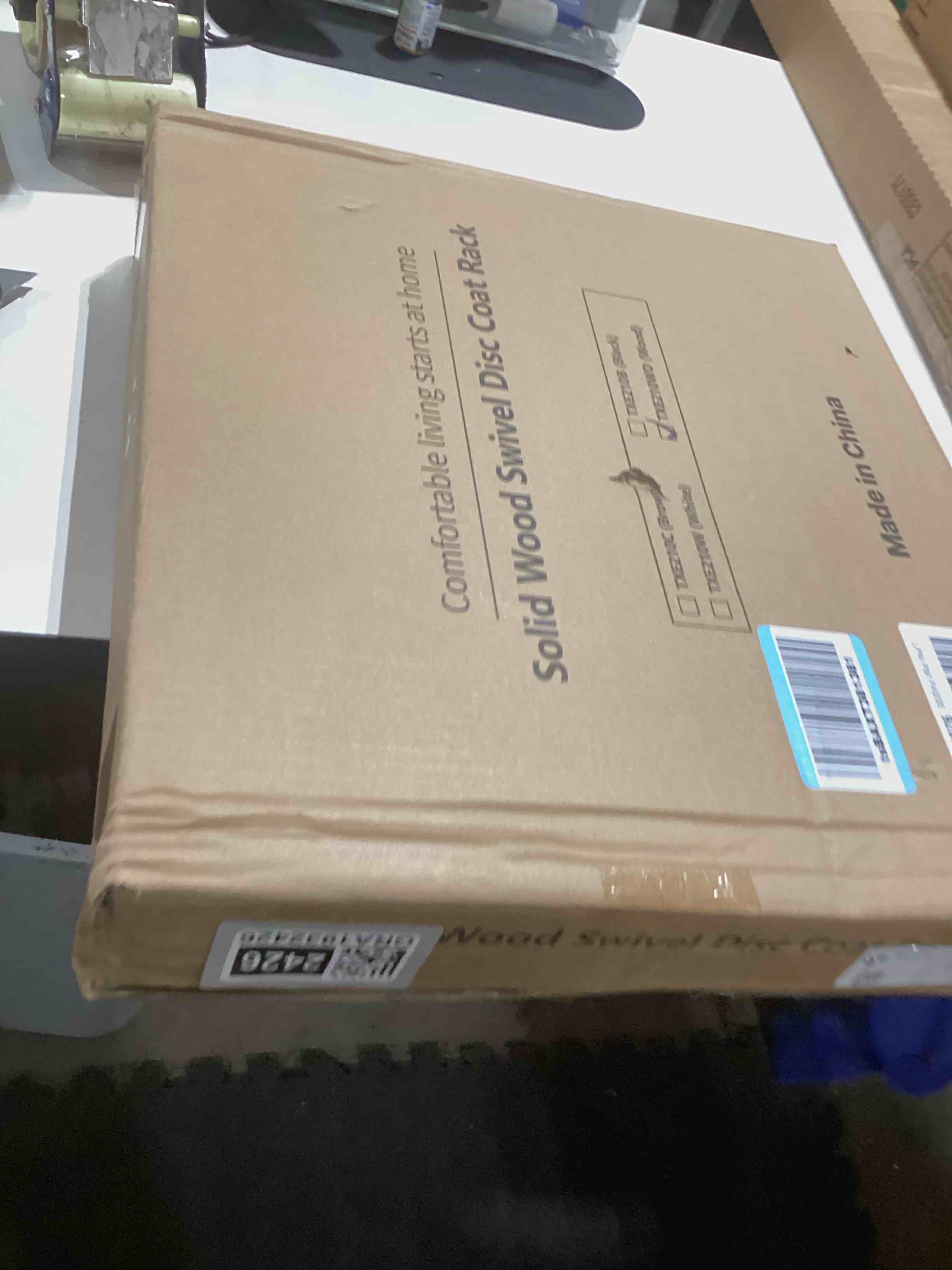 Condition photo showing As Is for Solid Wood Coat Rack Freestanding Coat Tree with 10 Hooks for Bedroom, Livingroom, Entryway, Sturdy Coat Hanger Stand for Hats, Coats, Scarves, Handbags, Purses Natural wood color