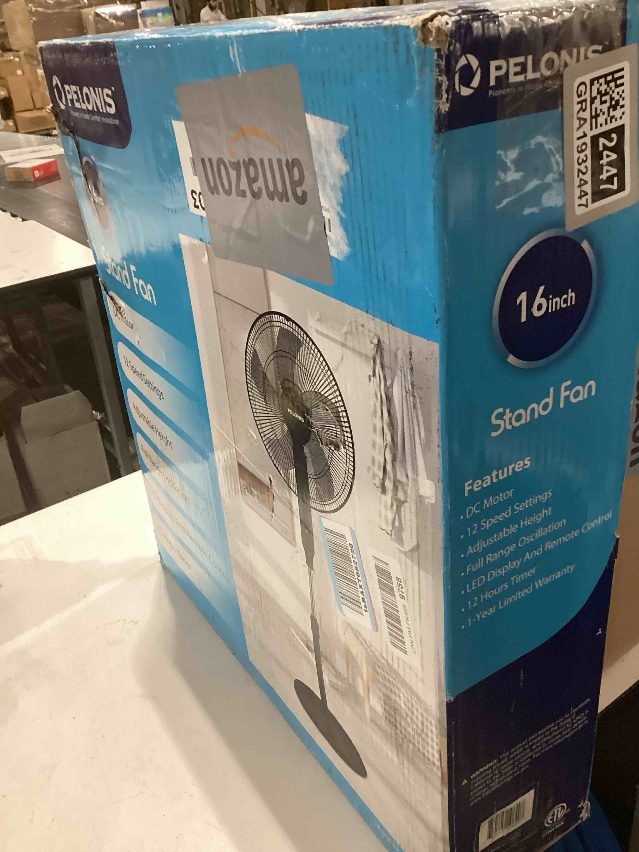 Condition photo showing As Is for PELONIS 16" Oscillating Pedestal Stand Up Fan | Adjustable Height | Ultra Quiet DC Motor | Remote Control | 12 Speed | 12-Hour Timer | High Energy Efficiency | for Bedroom Home Office Use | Black