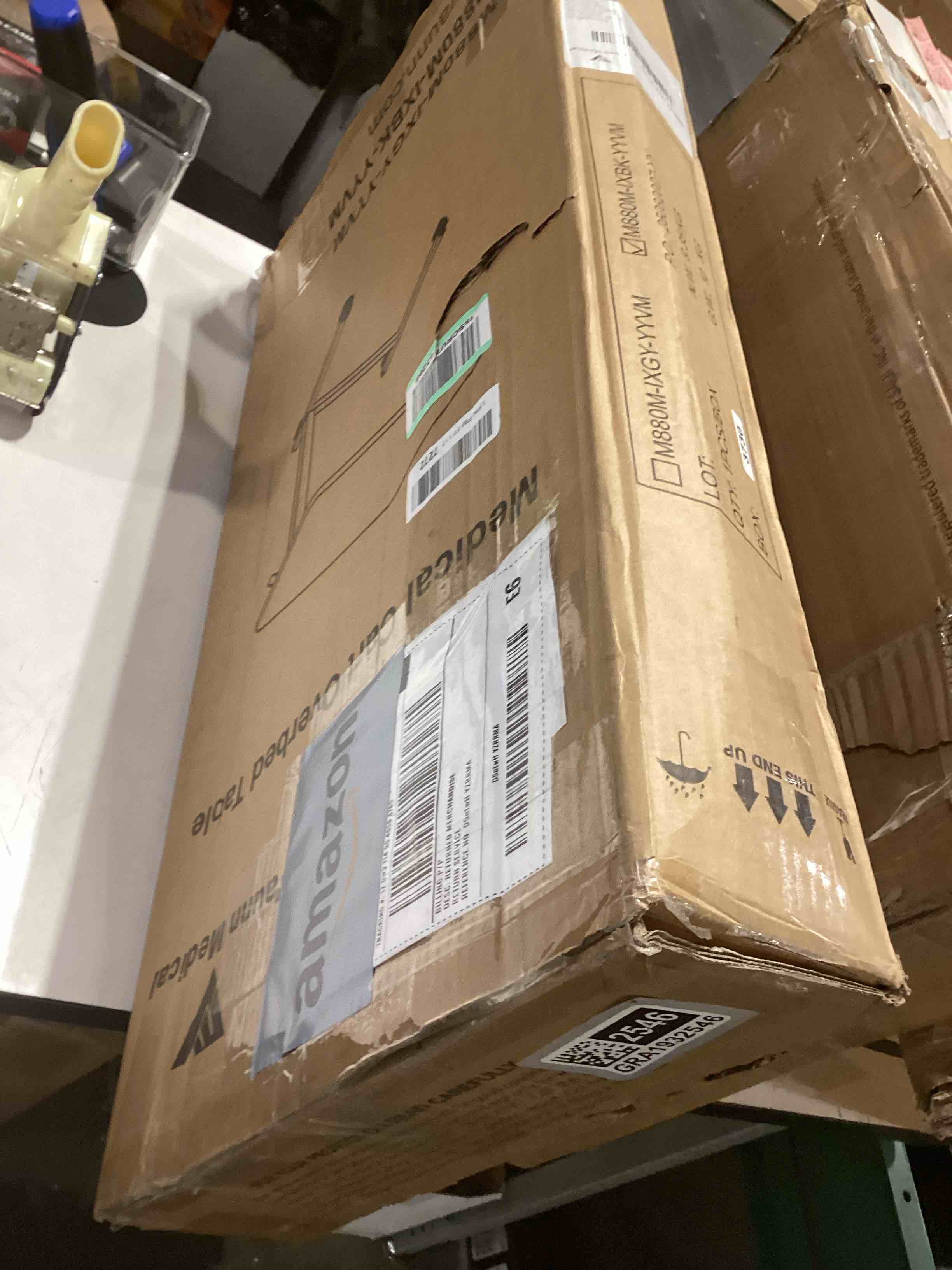 Condition photo showing As Is for Vaunn Medical Adjustable Overbed Bedside Table with Wheels (Hospital and Home Use) Black