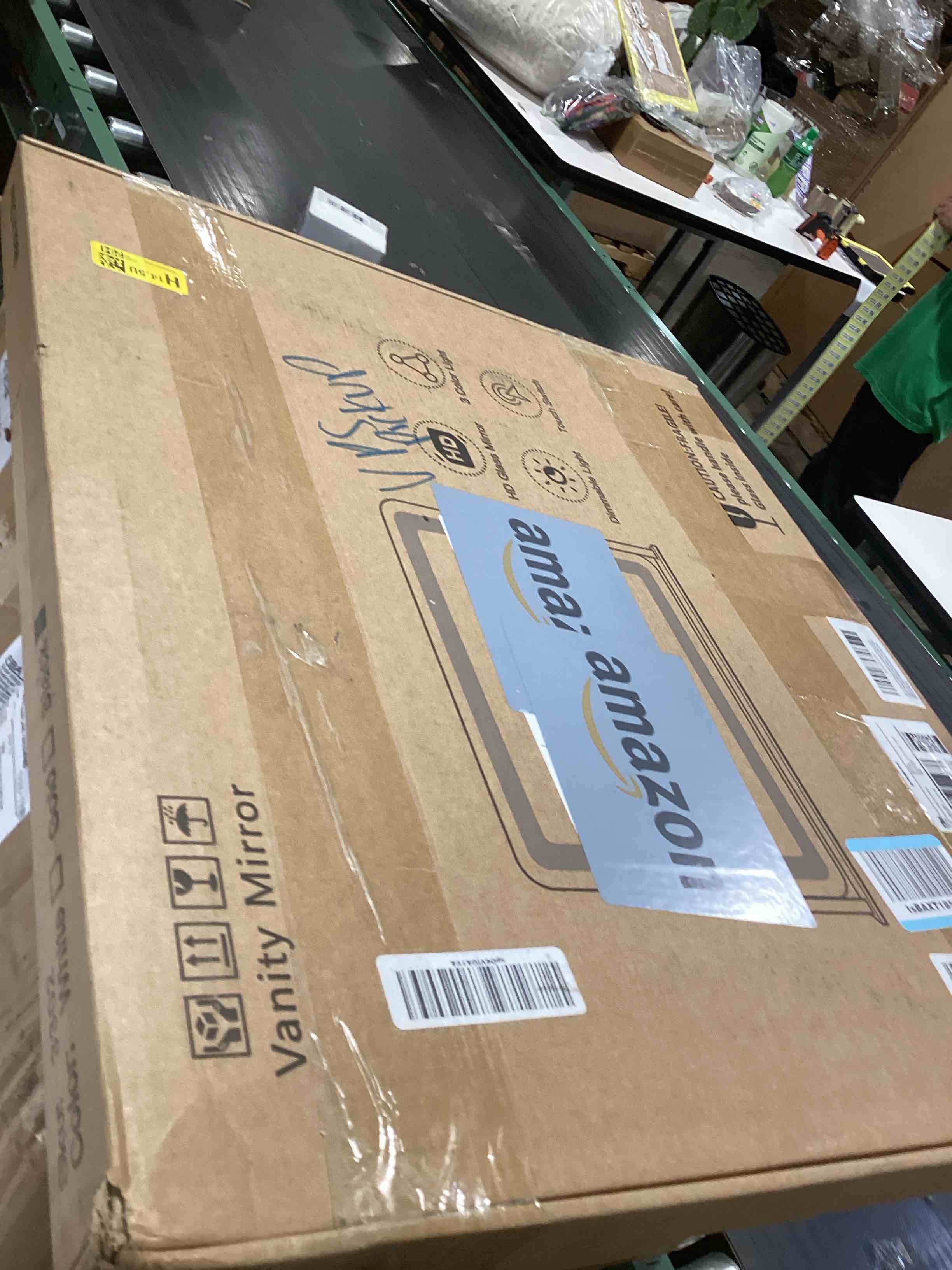 Condition photo showing As Is for FENNIO Vanity Mirror with Lights 22"x17",LED Lighted Makeup Mirror,Large Makeup Mirror with Lights,Touch Screen with 3-Color Lighting,Led Mirror Makeup,Dimmable,for Vanity Desk Tabletop,Bedroom Black 22"L x 17"W