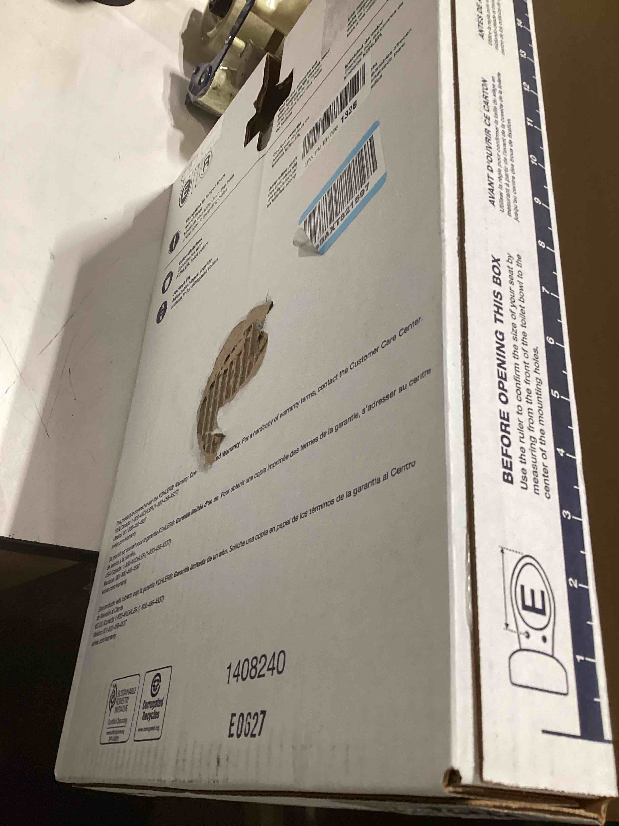 Condition photo showing As Is for KOHLER 20110-96 Brevia, Slow Close Toilet Seat, Elongated Toilet Seat, Grip-Tight Bumpers Quick-Attach Hardware, Biscuit Biscuit Elongated Quiet-Close