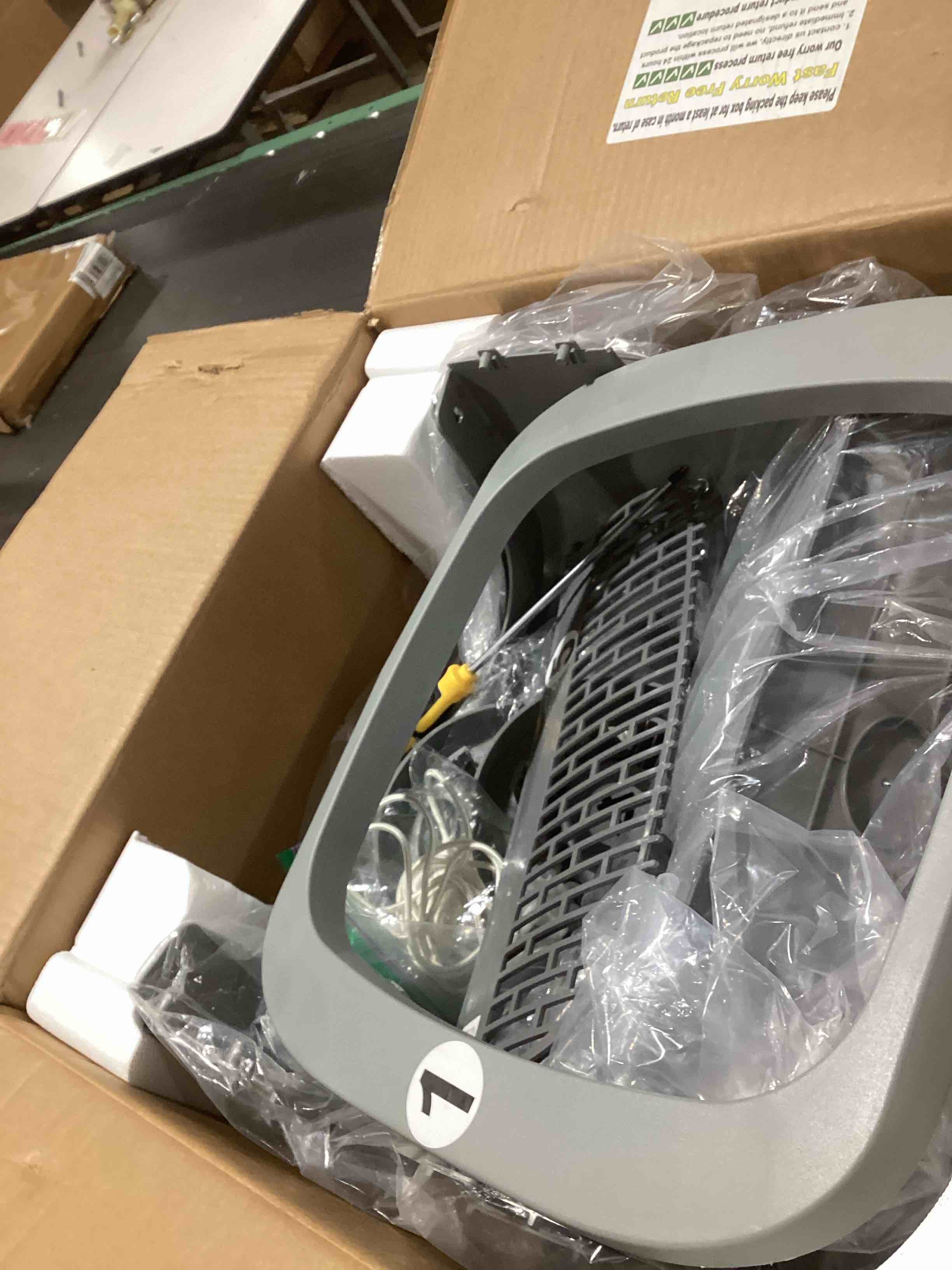 Condition photo showing As Is for INCOMPLETE…..Damaged….UPFAS Automatic Cat Litter Box Self Cleaning - APP Control - Weight Monitoring - Ultra-Quiet, Medium Cats and Kittens Litter Box, Safe Anti-Pinch?Assembly Required?- Grey