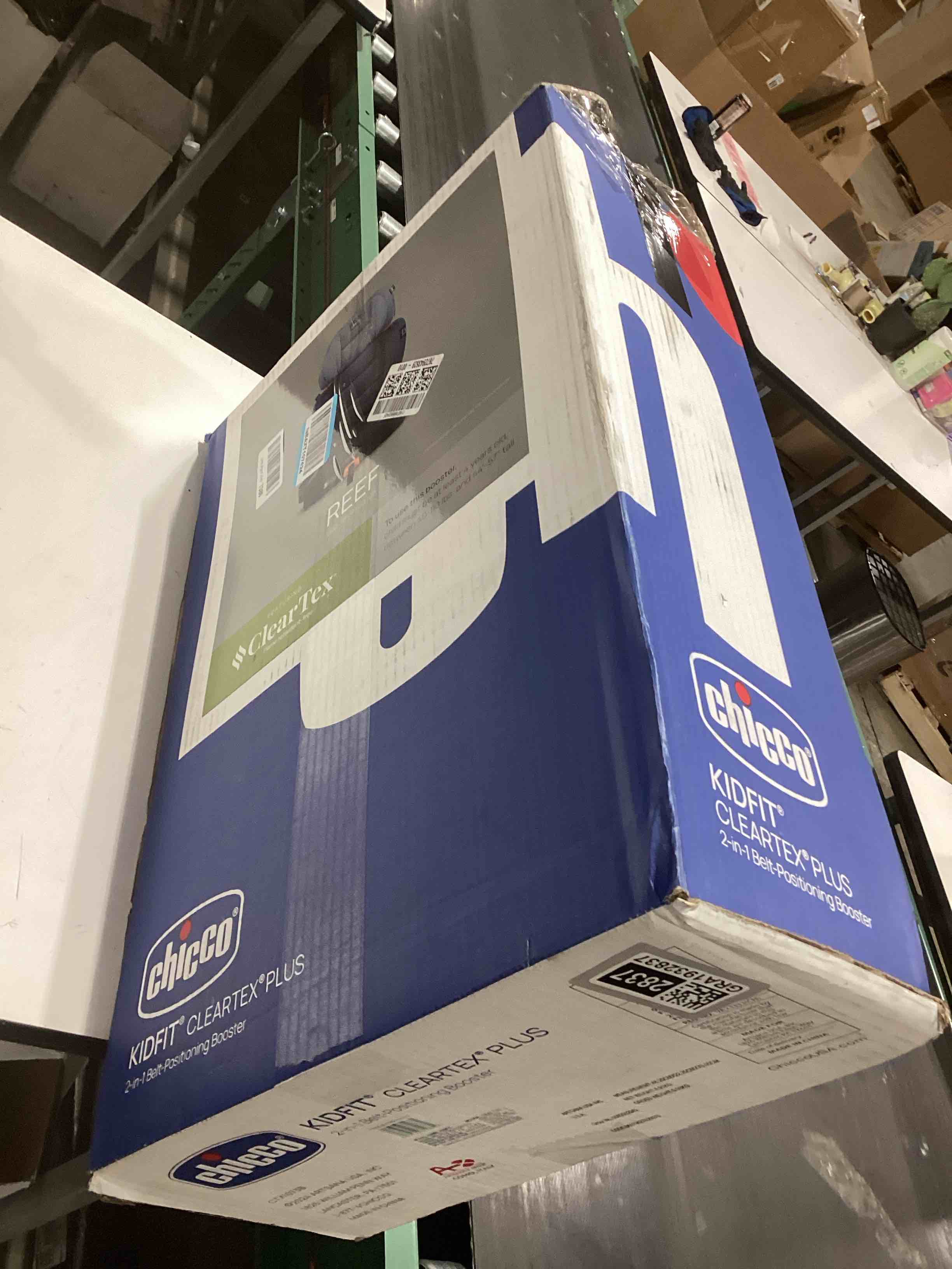 Condition photo showing As Is for Chicco KidFit ClearTex Plus 2-in-1 Belt-Positioning Booster Car Seat, Backless and High Back Booster Seat, for Children Aged 4 Years and up and 40-100 lbs. | Reef/Navy