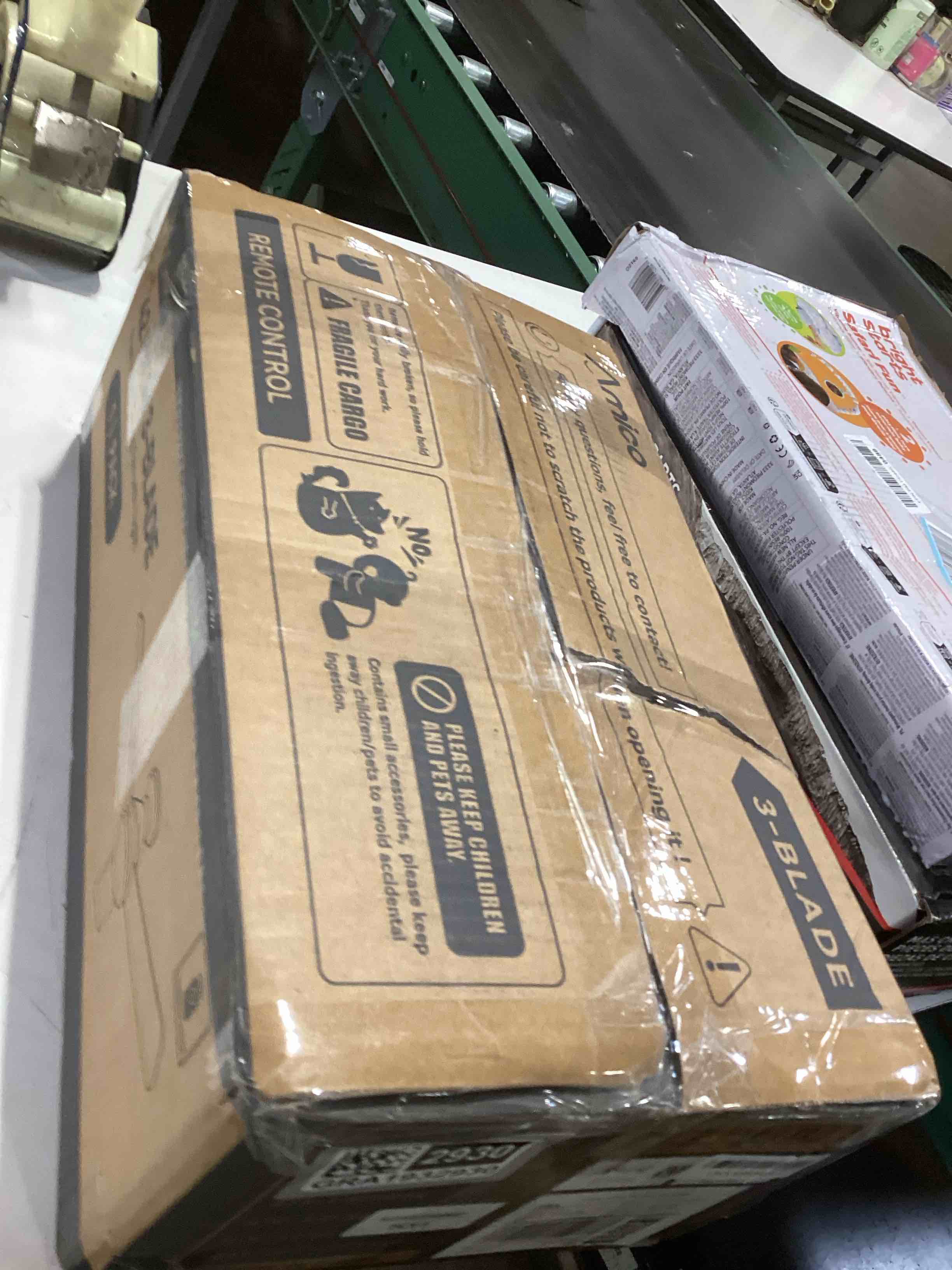 Condition photo showing As Is for Amico Ceiling Fans with Lights, 42 inch Low Profile Ceiling fan with Light and Remote Control, Flush Mount, Reversible, 3CCT, Dimmable, Noiseless, Black Ceiling Fan for Bedroom, Indoor/Outdoor Use Black 42 inch