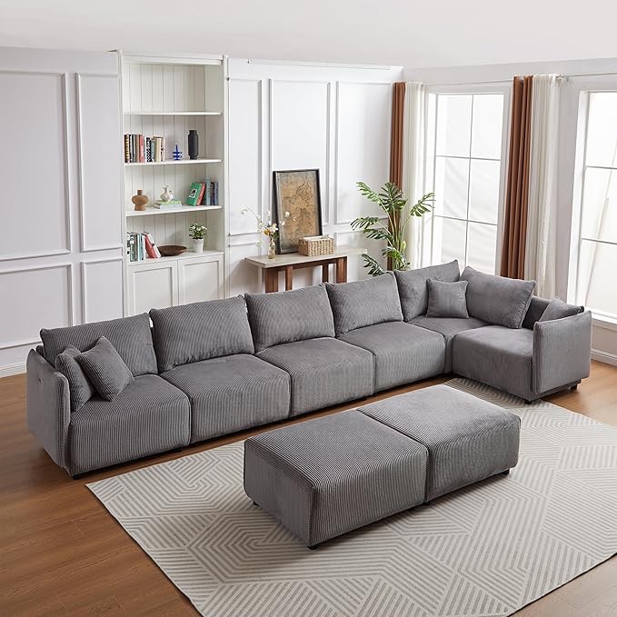 ((INCOMPLETE BOX 4 of 4) Corduroy Couch Sectional Sofa for Living Room, Grey L Shaped Modular Sectional Sofa, 8 Seater Sectional Sleeper Sofa Couch with Ottomans Convertible Sofa Bed for Apartment Bedroom