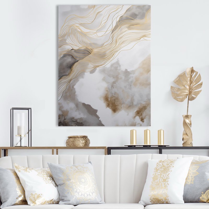 Gold and Gray Abstracted Line Artistry V - minimalism canvas art print, soft color wall art 1 x 1’8 ft