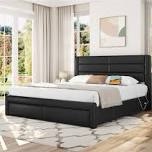 (Incomplete box 2 of 2) ) Avelle Vegan Leather Metal Platform Storage Bed with 3 Storage Drawers and Built-In USB Ports Size: King, Color: Black