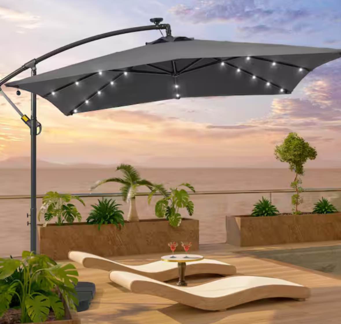 8.2 ft. x 8.2 ft. Offset Cantilever Patio Umbrella w/ LED Lights, Rectangular Canopy, Steel Pole and Ribs in Anthracite