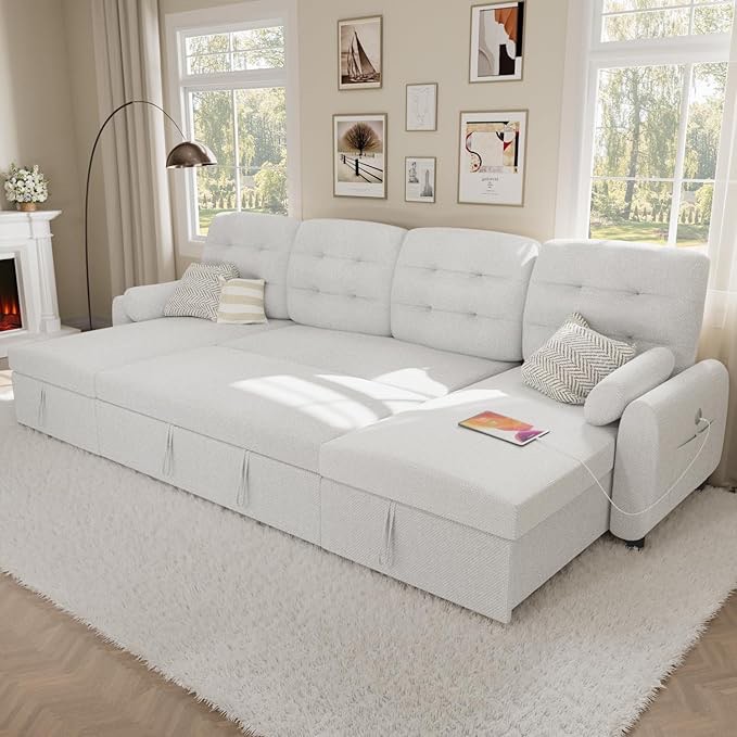 (INCOMPLETE BOX 1 of 2) Sofa Chaise With 3 Seat,reversible Pull Out Couch For Living Room