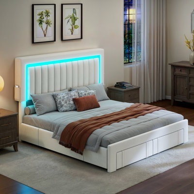 led bed adjustable frame with 4 drawers adjustable headboard queen  LED Adjustable Velvet