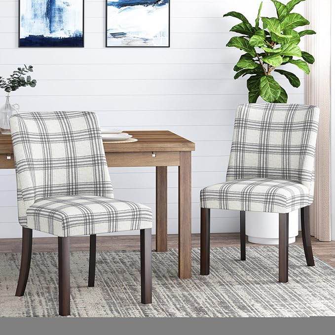 Comfortable & Stylish Grey Plaid Dining Chair (set of 2) 