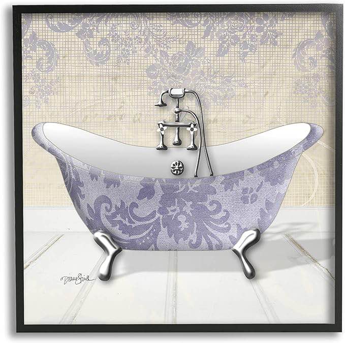 Stupell Industries Purple Damask Claw Foot Tub Bathroom, Design by Diane Stimson Black Framed Wall Art, 17 x 17
