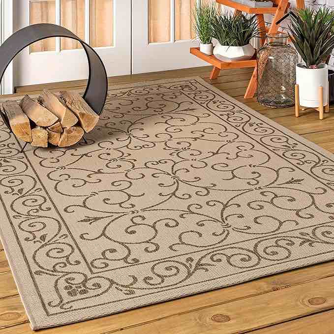 jonathan y smb106a-6 charleston vintage filigree textured weave beige/brown 6 ft. x 9 ft. indoor/outdoor area rug, pet friendly, non-shedding, stain resistant, easy-cleaning for backyard, patio