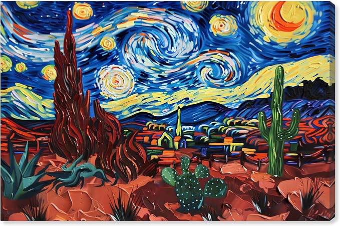 Desert Night Stars Gallery Wrapped Impressionism 1 Piece Canvas Wall Art/Monet And Van Gogh Inspired Art, 24" x 16", Gallery Wrapped