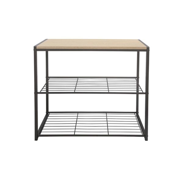 3 Tier Shoe Rack Black Metal with Natural Wood - Brightroom