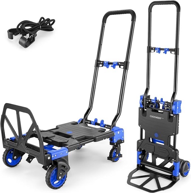 330LB Folding Hand Truck Heavy Duty Carrying, Combination of Four Wheels and Two Wheels Convertible Dolly Cart with Retractable Handle Dolly for Moving 