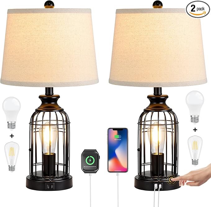 AKASUKI 3 Way Dimmable Touch Farmhouse Table Lamp for Living Room with USB Type C Port, 23 Inch Tall Matt Black Metal Rustic Bedside Nightstand Lamps for Bedroom Set of 2