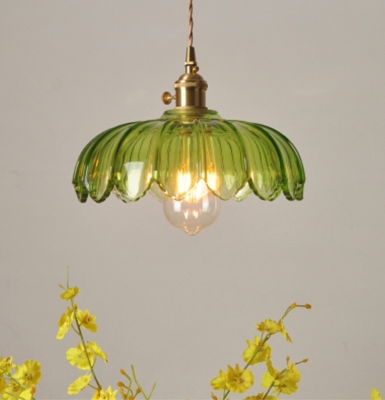 Floral Kitchen Bar Drop Pendant Vintage Green Carved Glass 1 Head Brass Ceiling Suspension Lamp