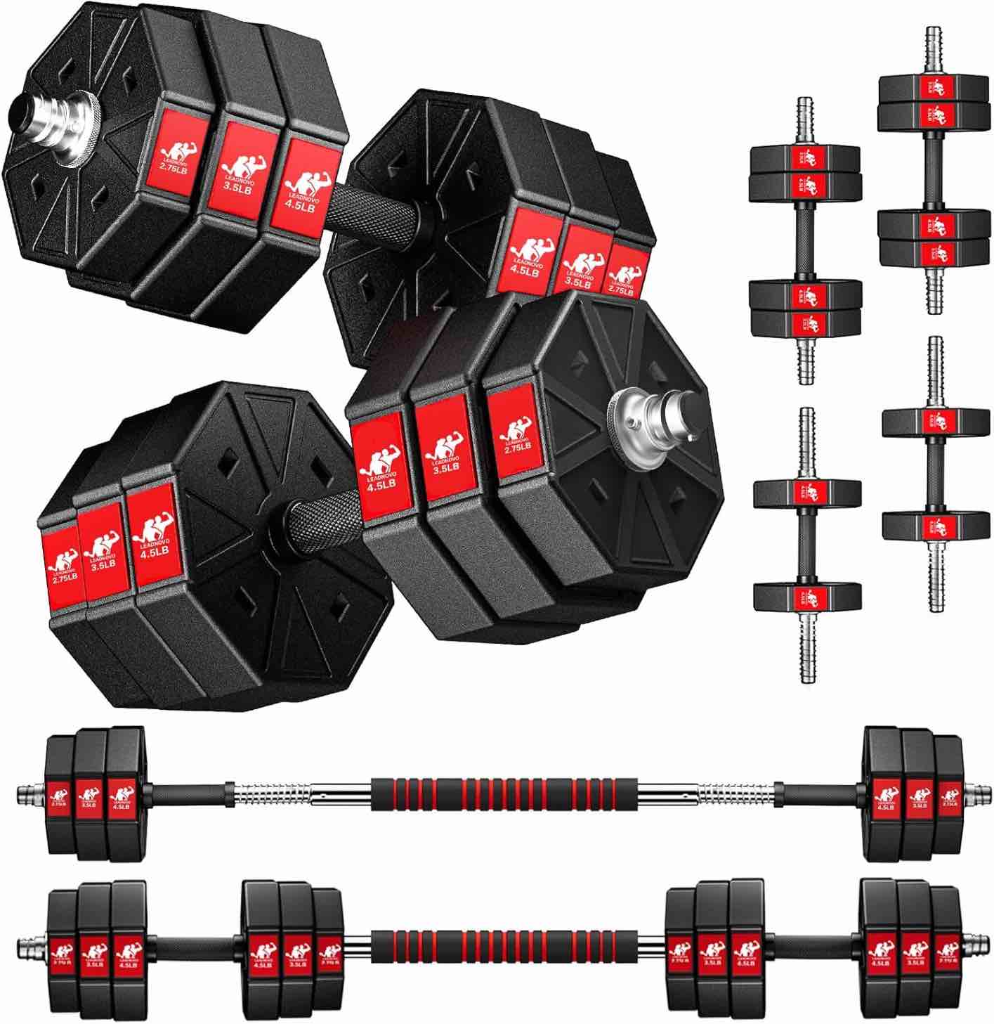 LEADNOVO Adjustable Weights Dumbbells Set, 44Lbs 66Lbs 88Lbs 3 in 1 Adjustable Weights Dumbbells Barbell Set
