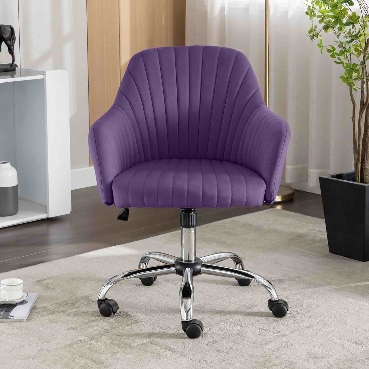 Warmiehomy Velvet Fabric Home Office Chair Comfy Vanity Chairs Adjustable 360° Swivel Upholstered Computer Task Chair Living Room Chairs with Arms, purple Desk Chair