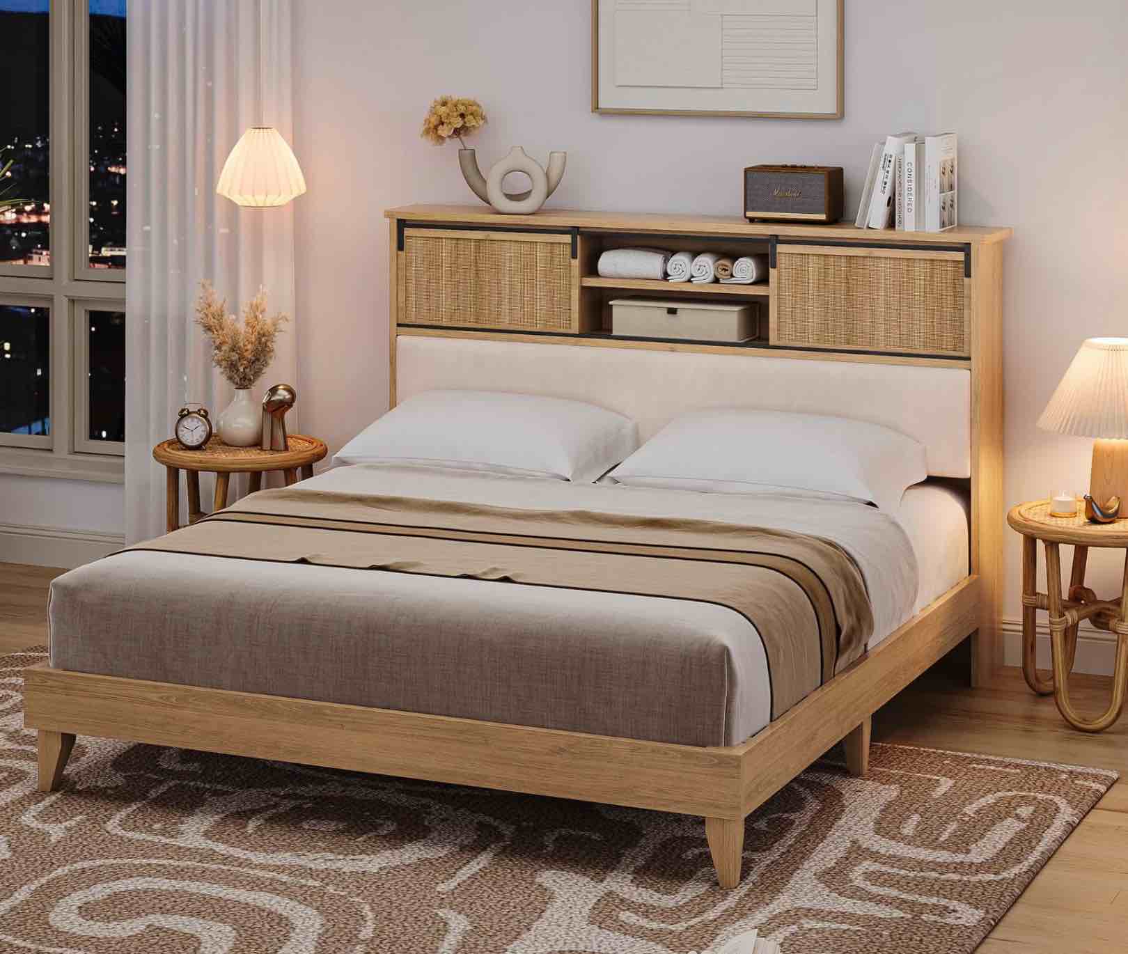 GARVEE Rattan King Bed Frame with Sliding Door Shelf Headboard, Bohemian Rattan Bed Frame King Size PHO-13BVNGAB