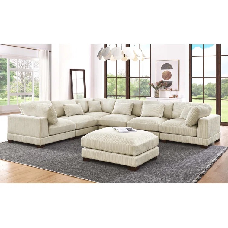 (incomplete corner only) Arliz 7 - Piece 144" Wide Reversible Modular Corner Sectional with Ottoman Body Fabric: Beige Corduroy