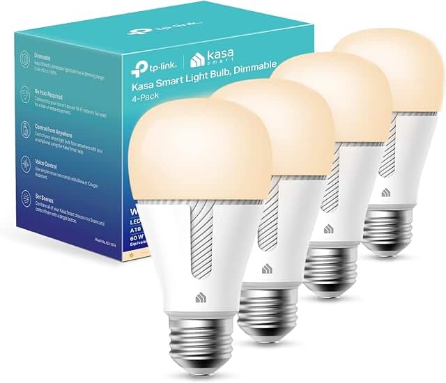Kasa Smart Light Bulbs that works with Alexa and Google Home, Dimmable Smart LED Bulb, A19, 9W, 800Lumens, Soft White(2700K), CRI?ëÑ90, WiFi 2.4Ghz only, No Hub Required, 4-Pack(KL110P4)