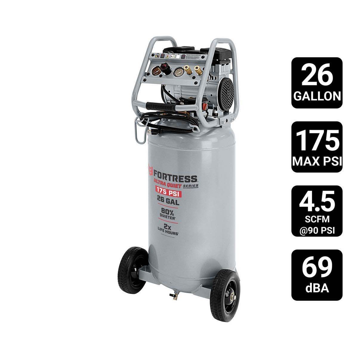  incomplete FORTRESS 26 Gallon, 175 PSI Ultra Quiet Oil-Free Vertical Shop/Auto Air Compressor